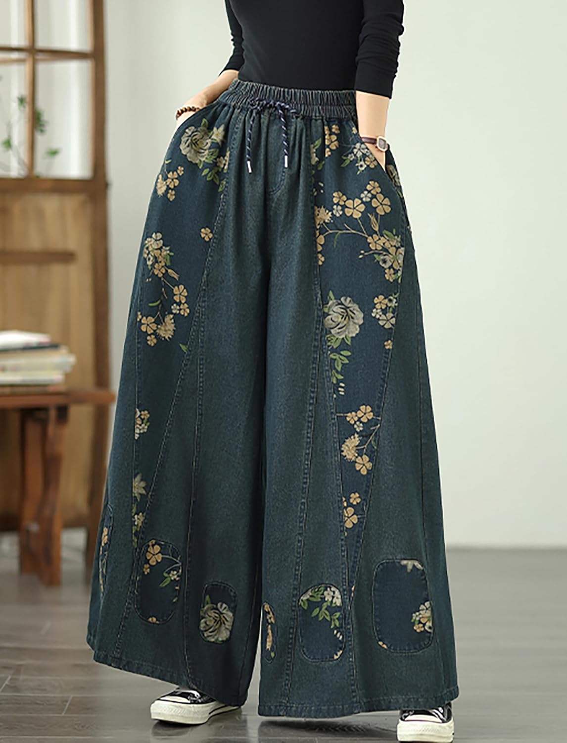 LAI MENG FIVE CATS Women's Casual Loose Denim Wide Leg Baggy Jeans Drawstring Elastic Waist Pants - Image 3