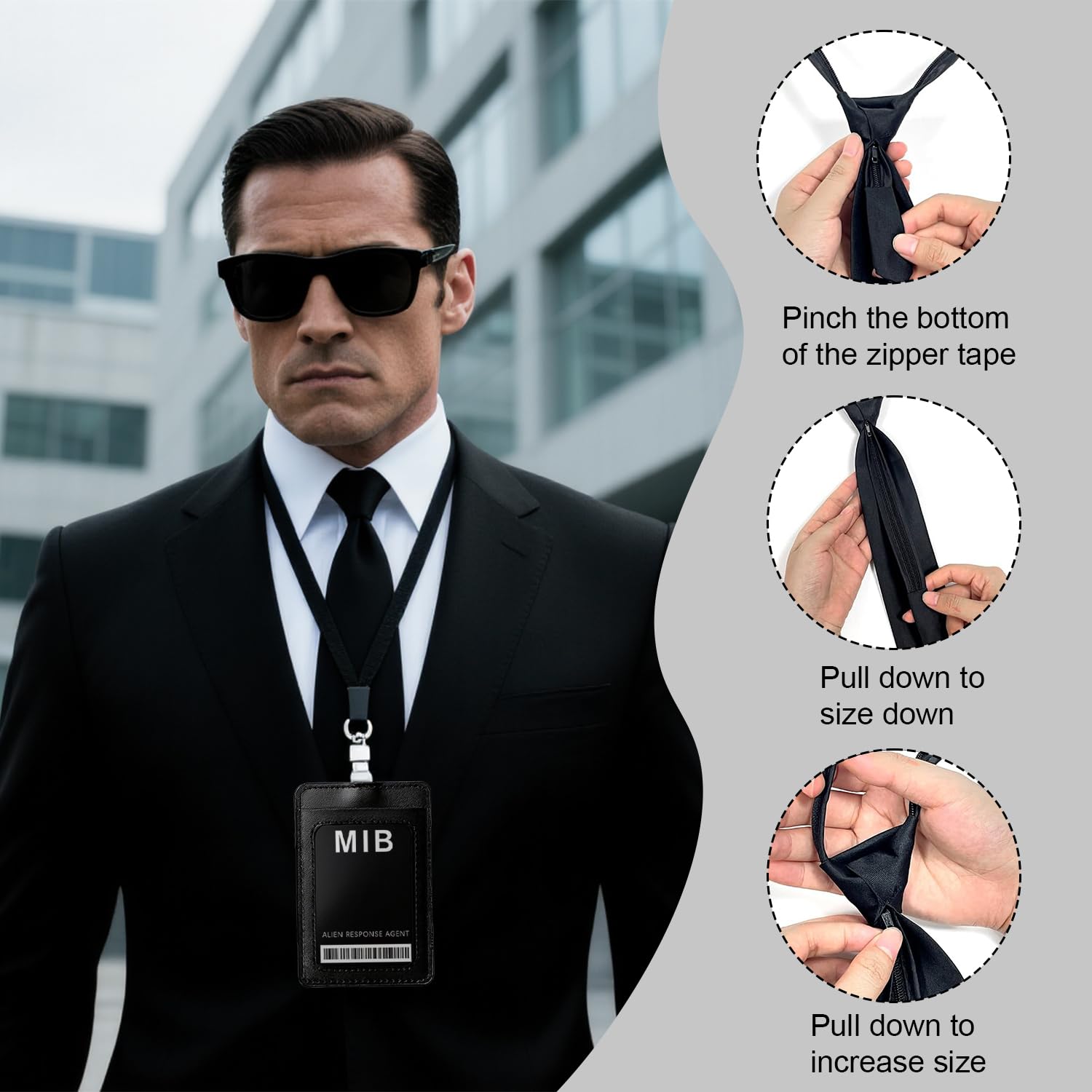 RenSton 5 PCS Agent Costume Accessories, Men in Black Costume with Glasses Necktie Earpiece ID Badge Card Lanyard - Image 3