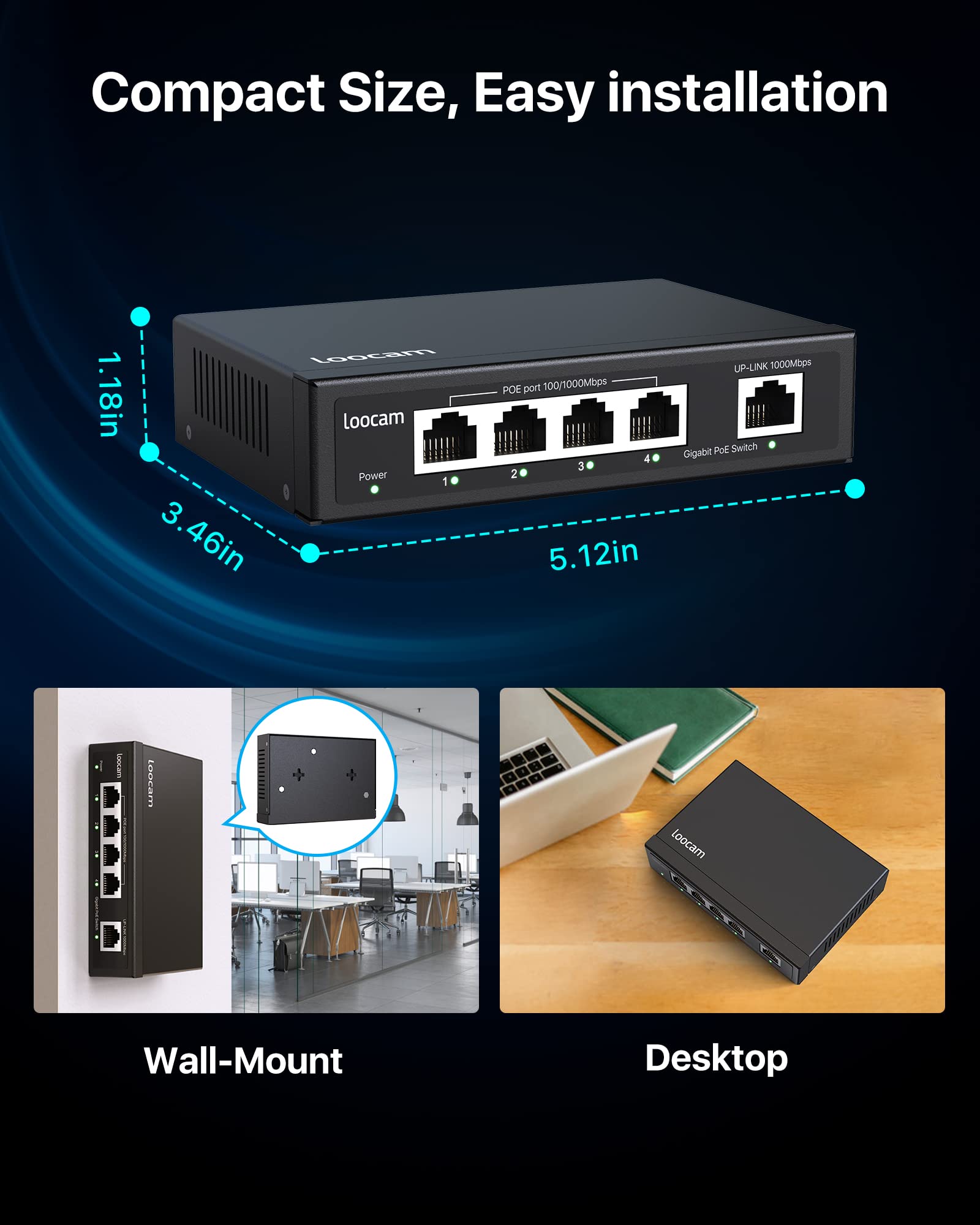 Loocam Commutateur PoE Gigabit à 5 Ports, 4 Ports PoE+ avec 1 Port Gigabit Uplink, commutateur Ethernet Non géré de 1000 Mbit/s pour Une Puissance Totale de 65 W, IEEE802.3af/at, boîtier en métal,
