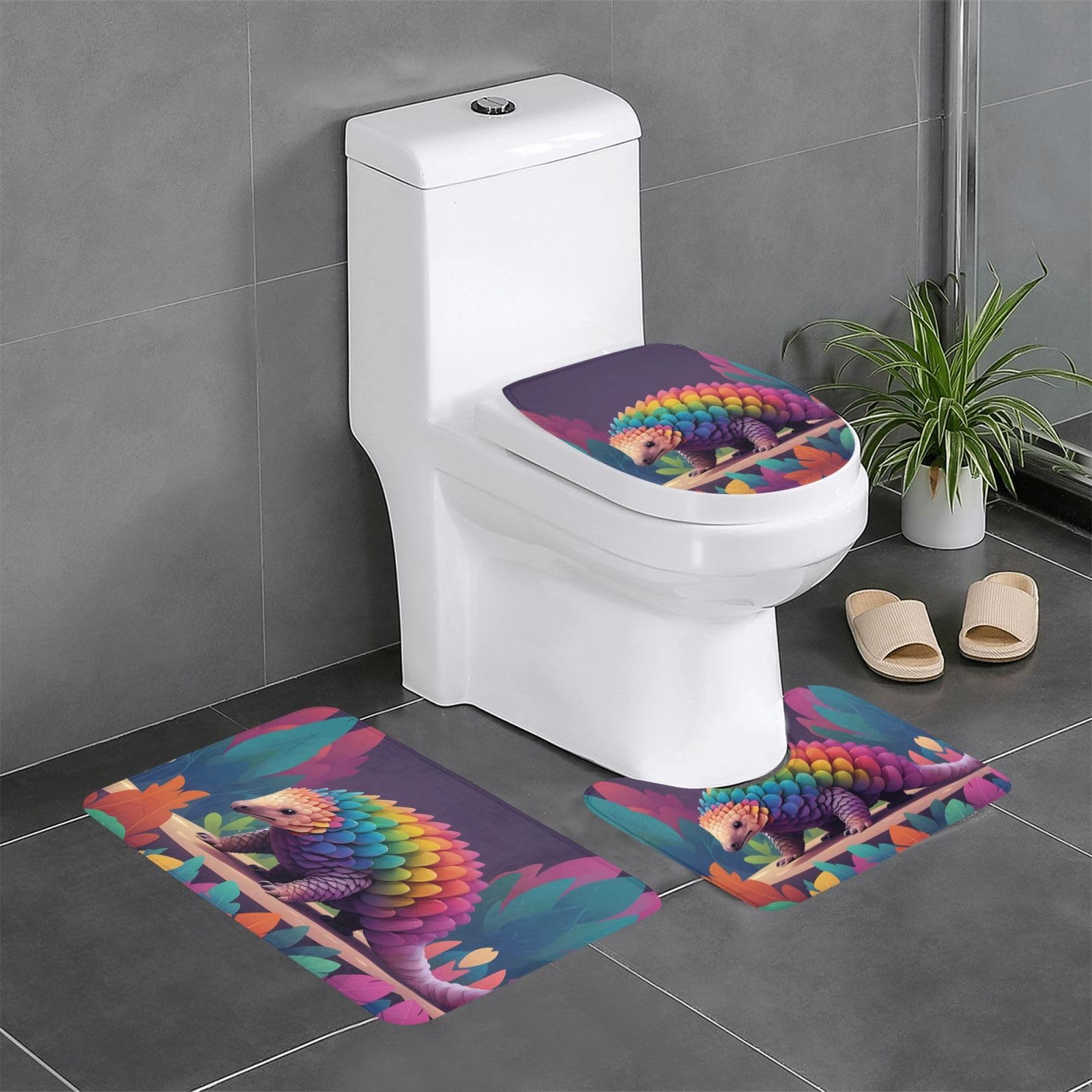 Tapis de salle de bain imprimés pangolin pour meuble-lavabo et WC colorés