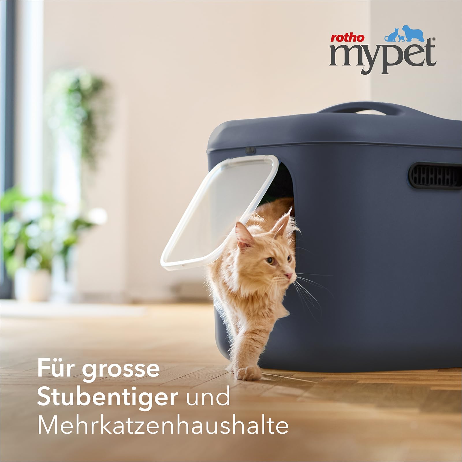 Rotho MyPet Bea Katzenklo XXL Katzentoilette mit Schaufel und Deckel Blau | Katzenklo mit Deckel, Aktivkohlefilter zur Geruchsneutralisierung, Magnetklappe, Deckel einhändig abnehmbar, 4 Ersatzfilter