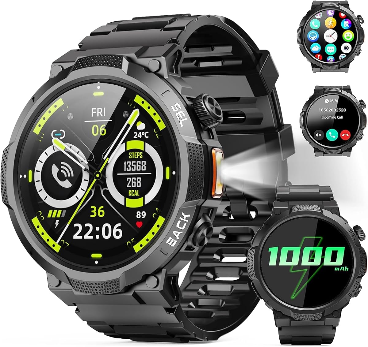 Relojes inteligentes para hombres (responder/hacer llamada), reloj inteligente militar HD de 1,53", más de 50 días de duración de batería extralarga, rastreador de fitness, linterna/110+deportes/frecuencia cardíaca/monitor de sueño/IP68 resistente al agua Android iOS