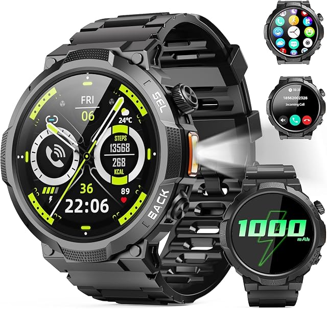 Soudorv Military Smartwatch for Men, 50-Day Battery,Bluetooth Call with LED | 1.53" HD, 110+ sports modes, heart rate/sleep monitor, IP68 waterproof, Bluetooth 5.3 calls & notifications for iOS/Android
