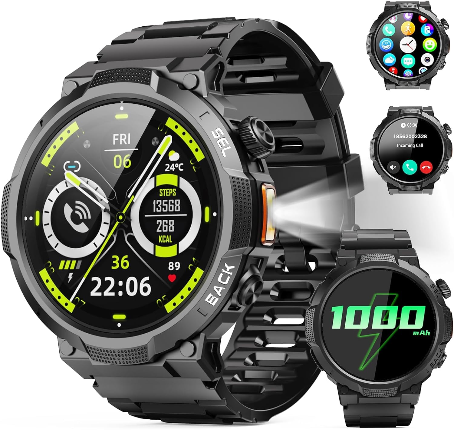 Soudorv Military Smartwatch for Men, 50-Day Battery,Bluetooth Call with LED | 1.53" HD, 110+ sports modes, heart rate/sleep monitor, IP68 waterproof, Bluetooth 5.3 calls & notifications for iOS/Android