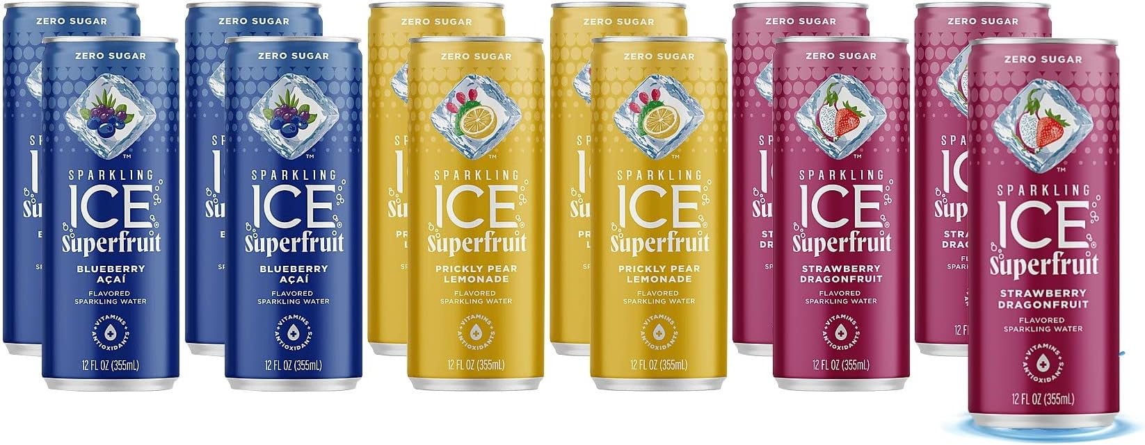 Sparkling ICE Superfruit Flavored Sparkling Water - Variety Pack | 12 Fl Oz Cans, Zero Sugar - Strawberry Dragonfruit, Blueberry Acai, Pear Lemonade | Pack Of 12