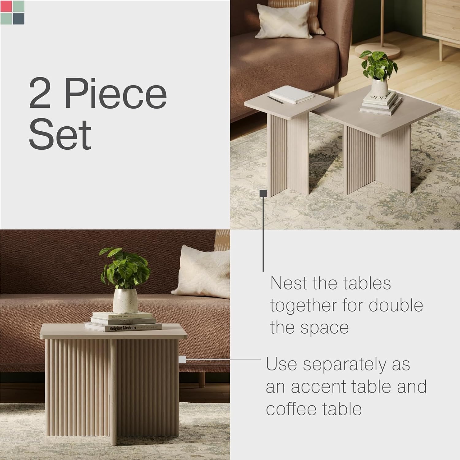Square Nesting Coffee Table Set - Fluted Oak Base Center Table for Living Room - Wood Grain Veneer Top Living Room Ensemble Set - Easy Assembly Nesting Duo - Weathered White, 2-Piece