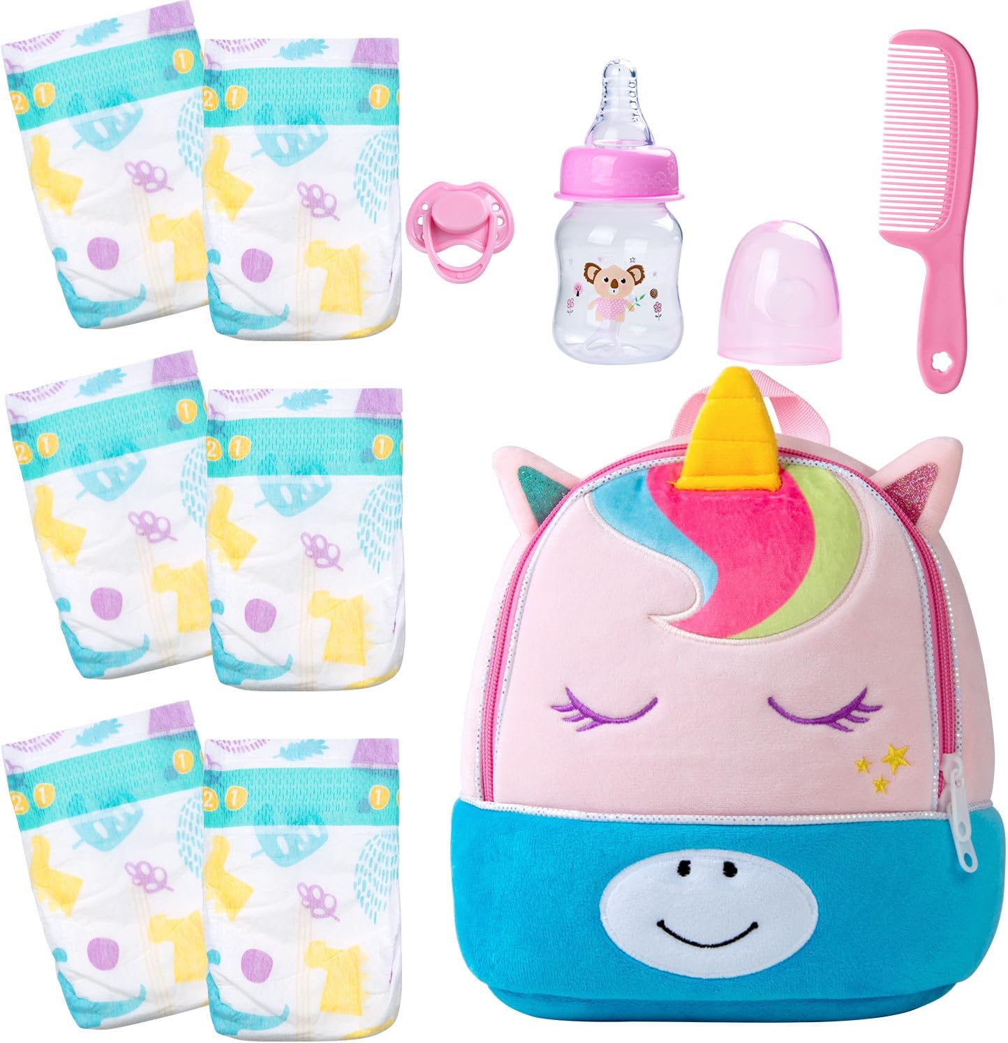 10 Pcs Reborn Baby Doll Diaper Bag Care and Feeding Set for 17-24 inches Reborn Dolls Accessories Newborn Baby Girl with Unicorn Backpack