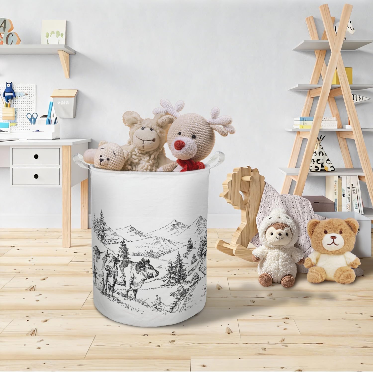 Vintage Farmhouse Cow Laundry Basket Hamper,Rustic Country Cow Meadow Mountain Landscape Foldable Clothes Toys Books Storage Box Bins Baskets Organizer for Bedroom Bathroom Home