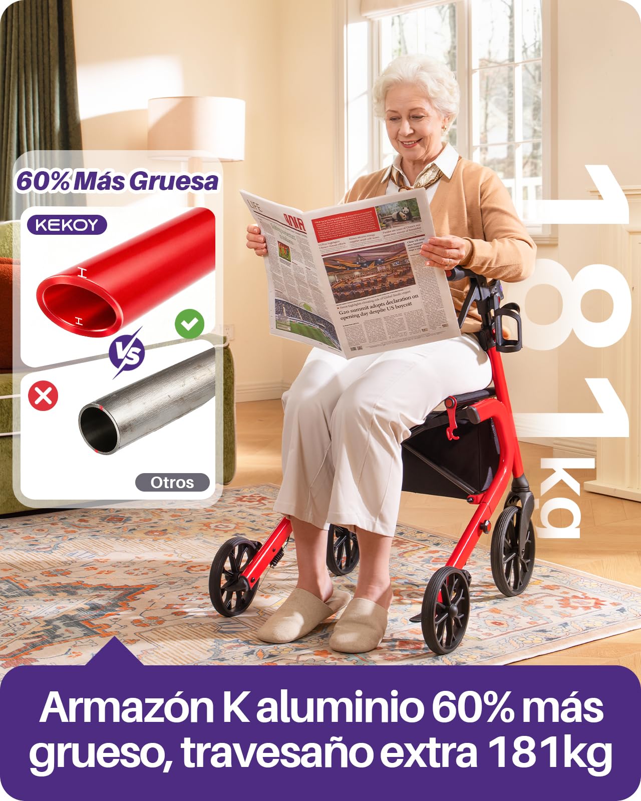 Kekoy K2 Andador para ancianos con asiento plegable de aluminio, regulable en altura, 181 kg de carga, andadores adultos con cojín de asiento de 44 cm, respaldo y bolsa de almacenaje, rojo