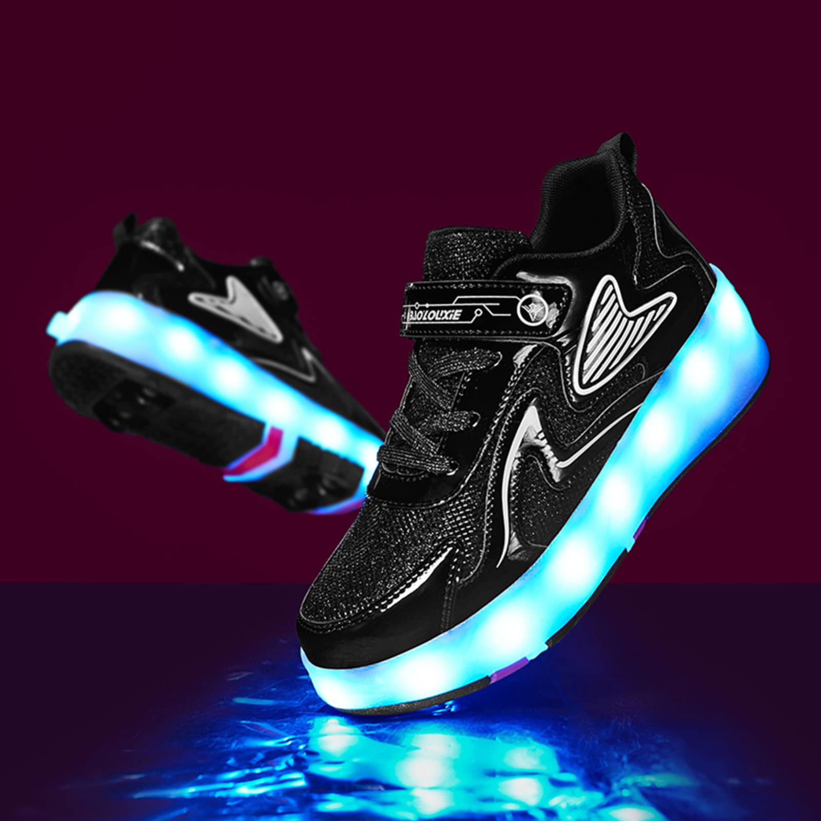 Rolschaatsschoenen voor Kinderen Jongensmeisjessneakers met 4 Wielen, Oplaadbaar via USB LED Oplichten Rolschaatsen, Rolschaatsschoenen voor Kinderen Cadeau,Black-29EU