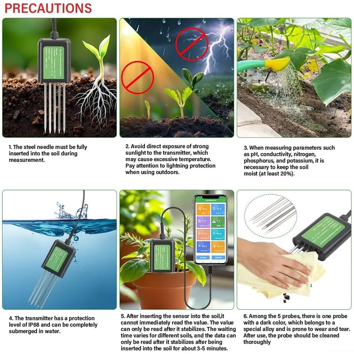 Probador inteligente de suelo, medidor digital 7 en 1 para salud vegetal, mide pH, temperatura, conductividad, humedad, NPK en el suelo