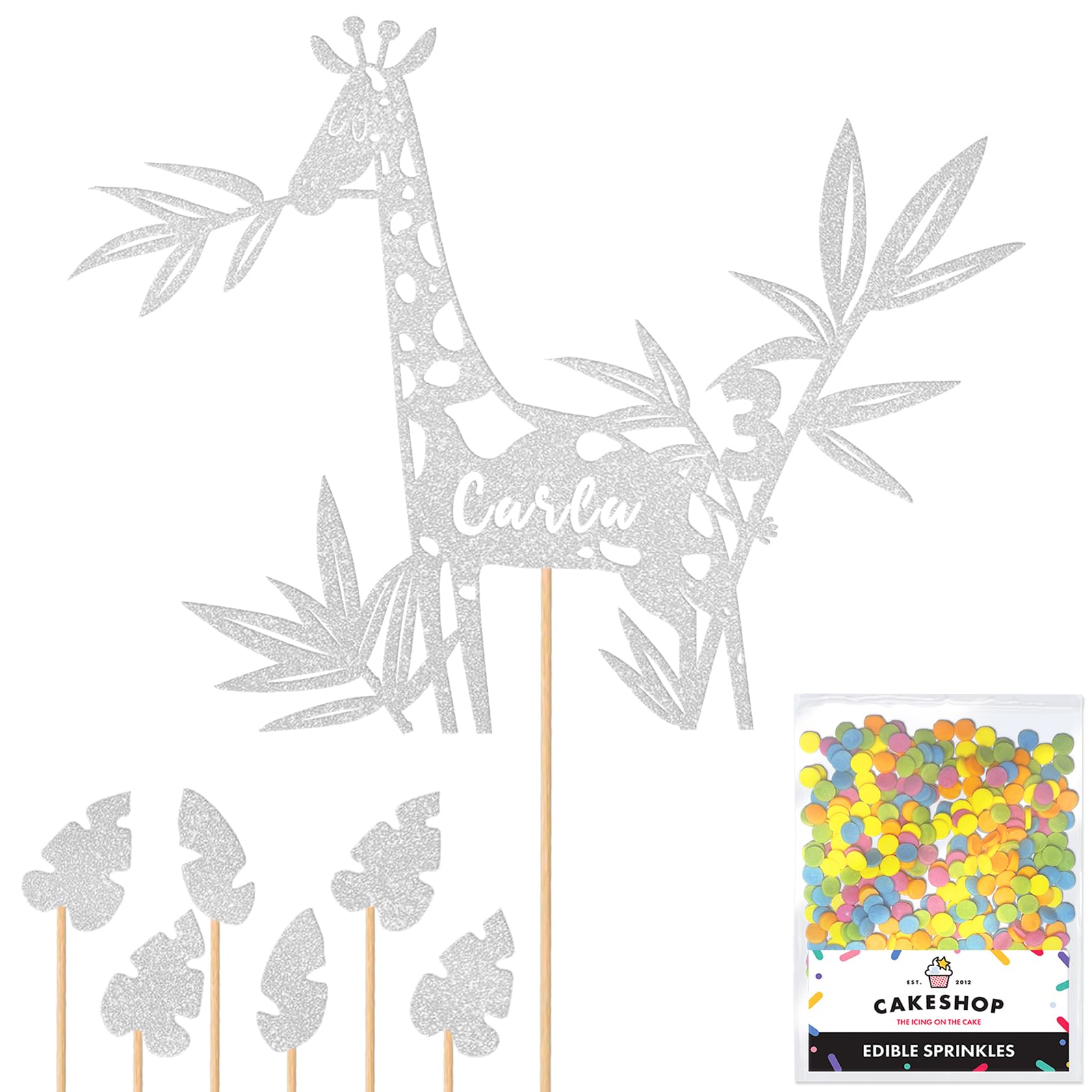 Personalised Birthday Jungle Giraffe Glitter Cake Topper Silver Any Custom Age & Name Glitter Cake Decoration and Sprinkles - Happy Birthday Decorations - Personalised Toppers for Cakes by Cakeshop — image 1