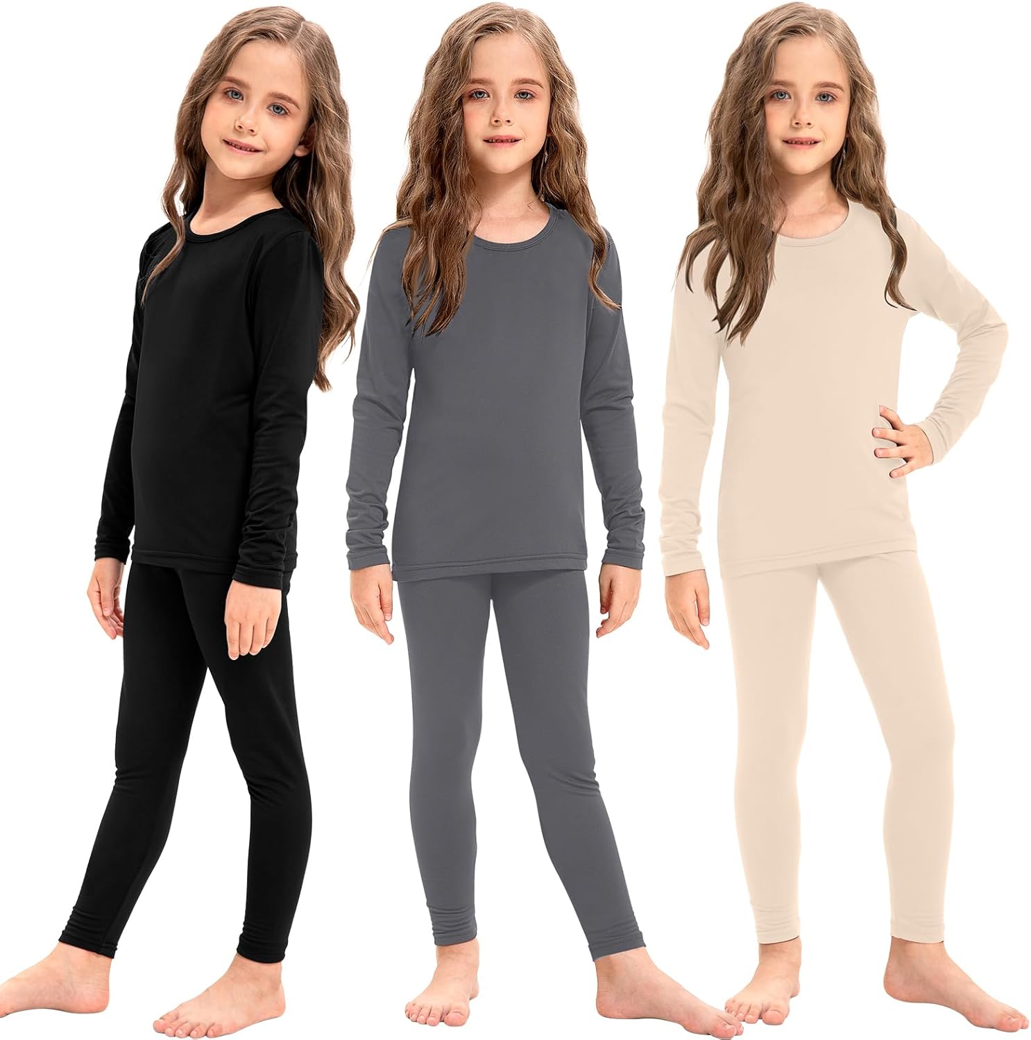 Silkfly 3 Set Girls Thermal Underwear Soft Winter Thermal Top and Bottom with Fleece Lined Base Layer for Girls