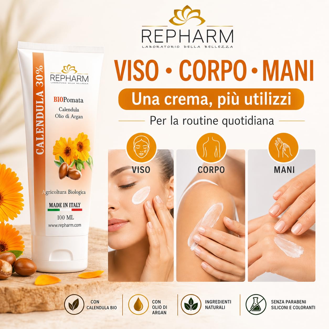 Bio Pomata alla Calendula Pura 100 ml Calmante Antiprurito Rigenerante per Neonato Bambini e Adulti