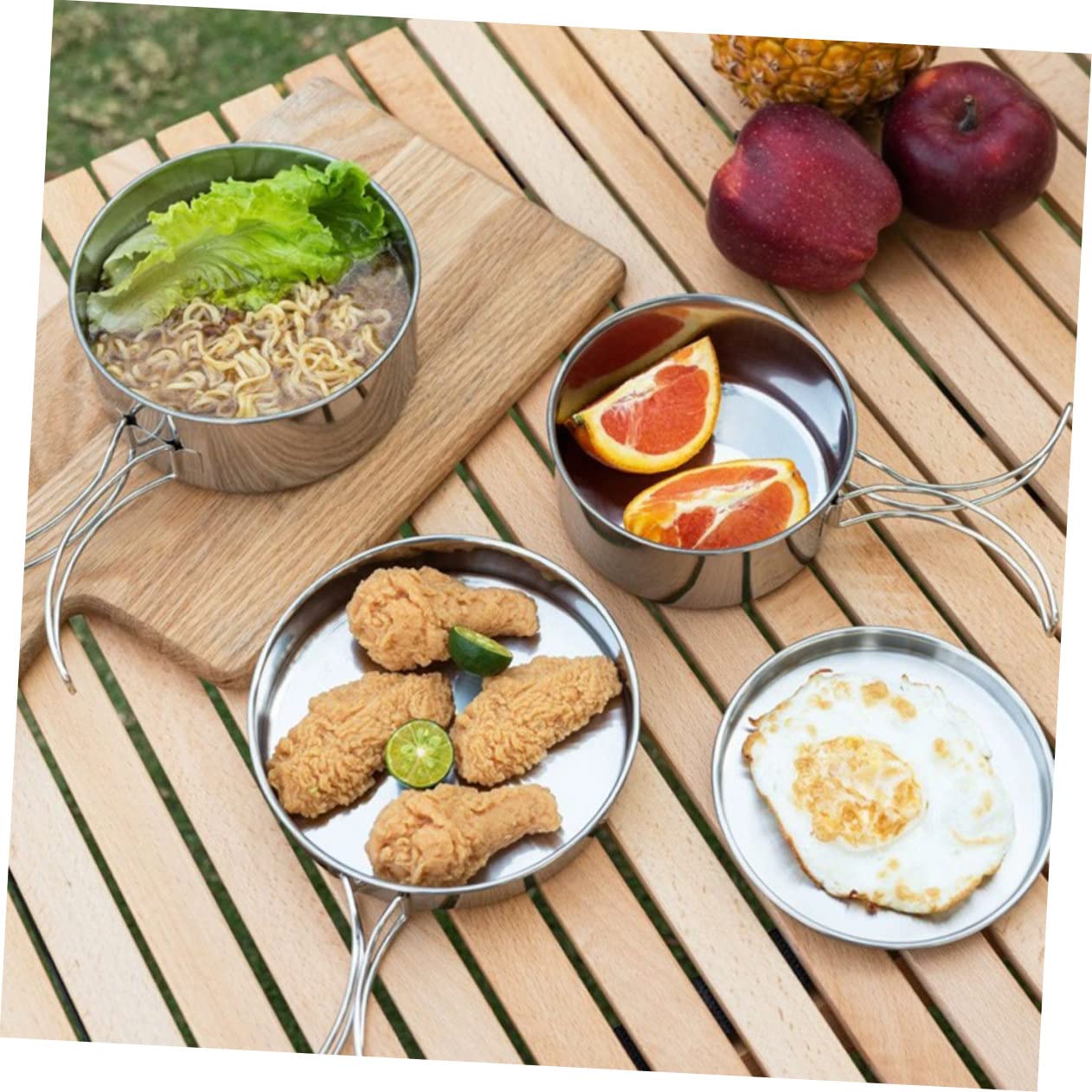 POPETPOP Set de Casserole Pliable Portable en Acier Inoxydable pour Camping | Poêle et Assiettes Rondes, Gobelets Inclus, Format Léger à Emporter pour Randonnée et Pêche
