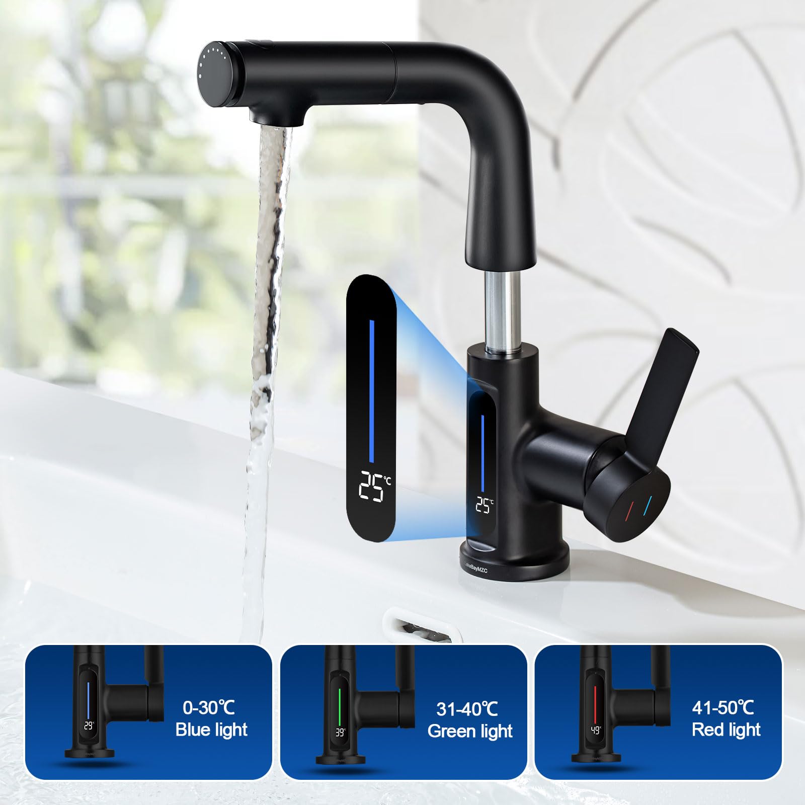 Rubinetto Bagno Lavabo Nero Doccetta Estraibile Con Della LED Temperatura | Miscelatore Lavabo Estraibile LakeBayMZC,Rubinetti Monocomando Bagno con Doccetta,Aeratore Rimovibile,Senza Piombo, Nero