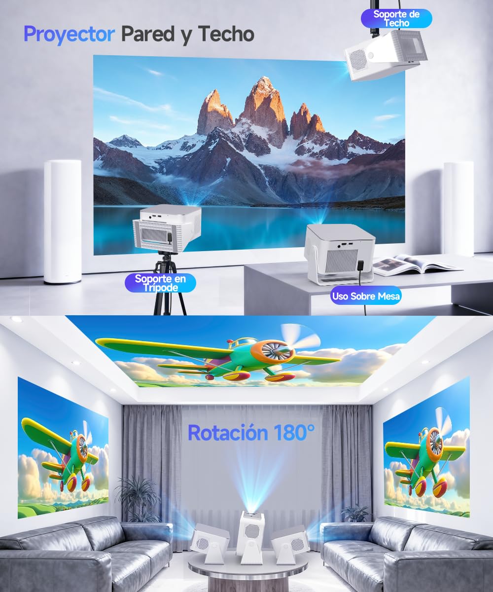 Alwtniet Proyector Portatil 4K 8K, Native Full HD 1080P Mini Projetor Android 14, WiFi 6 Bluetooth 5.4, Autoenfoque 6D Auto Keystone 180° Rotación para Cine Móvil en Casa Smart TV Tiro Ultra Corto