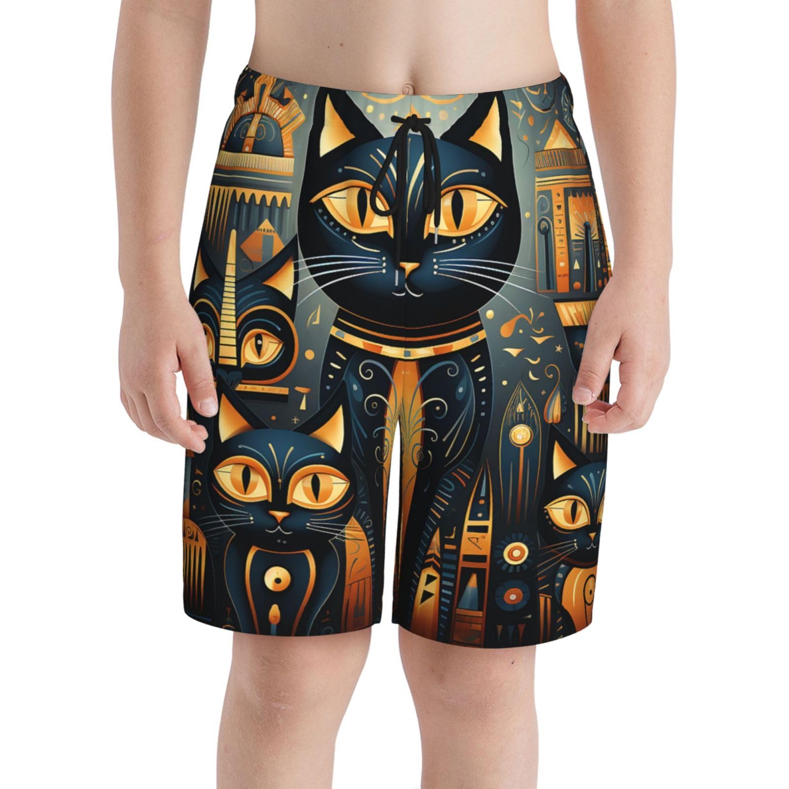 Funny Egyptian Cats Hieroglyphs Gold Black Boys Swim Trunks Swim Board for Teen Kid Shorts Surf Swimming Beach Trunks Medium