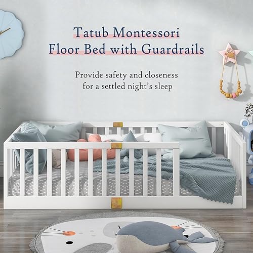 Miniatura 45 de Tatub Cama Montessori de suelo individual con rieles altos, marco de cama Montessori de madera maciza para niños, la entrada se puede instalar a