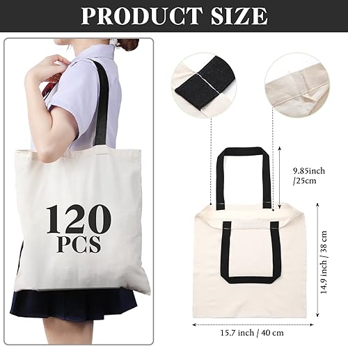 Miniatura 9 de Roowest 120 bolsas de algodón a granel de 15 x 16 pulgadas, bolsas de tela en blanco reutilizables con asa larga para mujeres y hombres, bricolaje