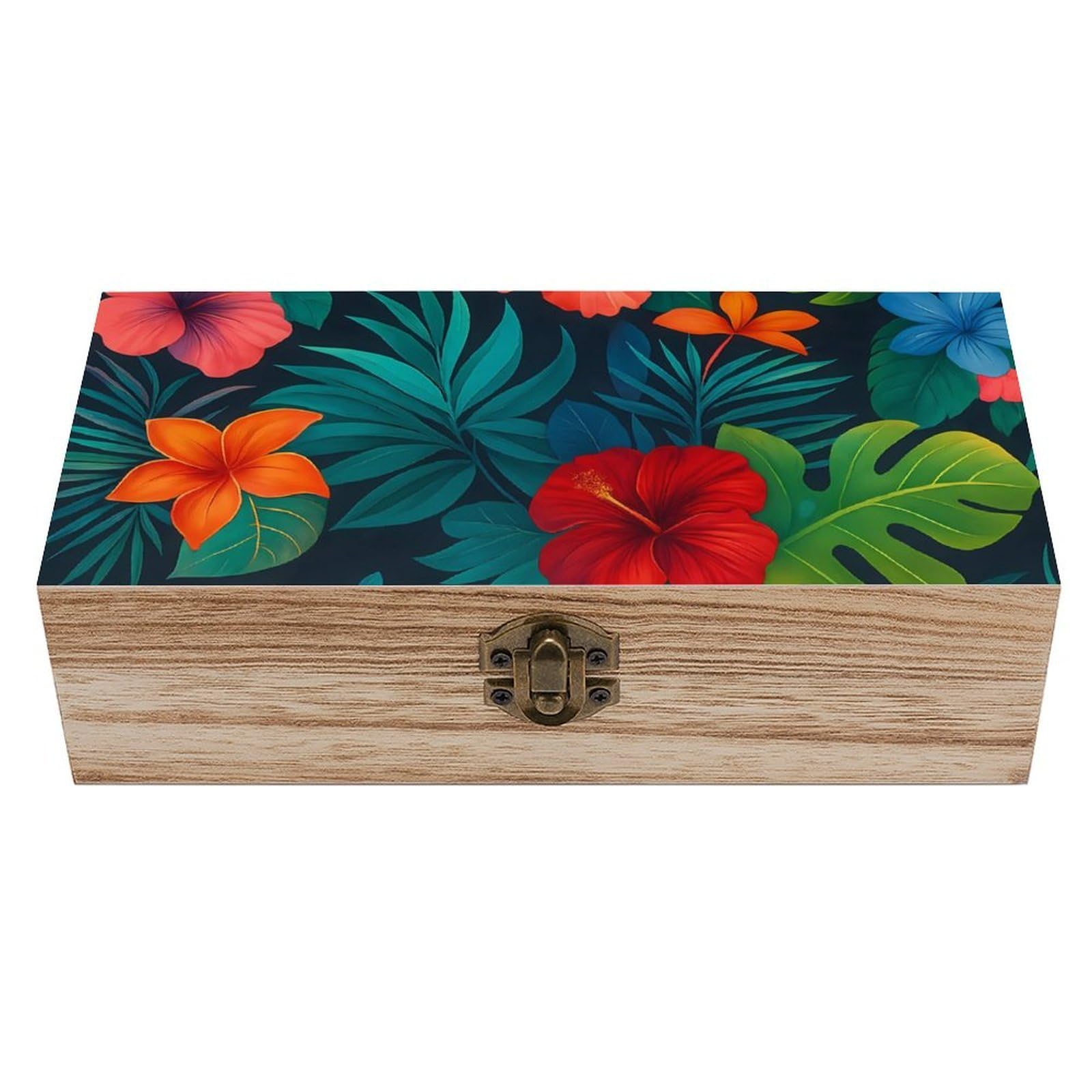 Oudrspo Tropical Hibiscus Flowers And Leaves Retro Wooden Storage Box Keepsake Jewelry Decorative Art Storages Box Gift Boxs