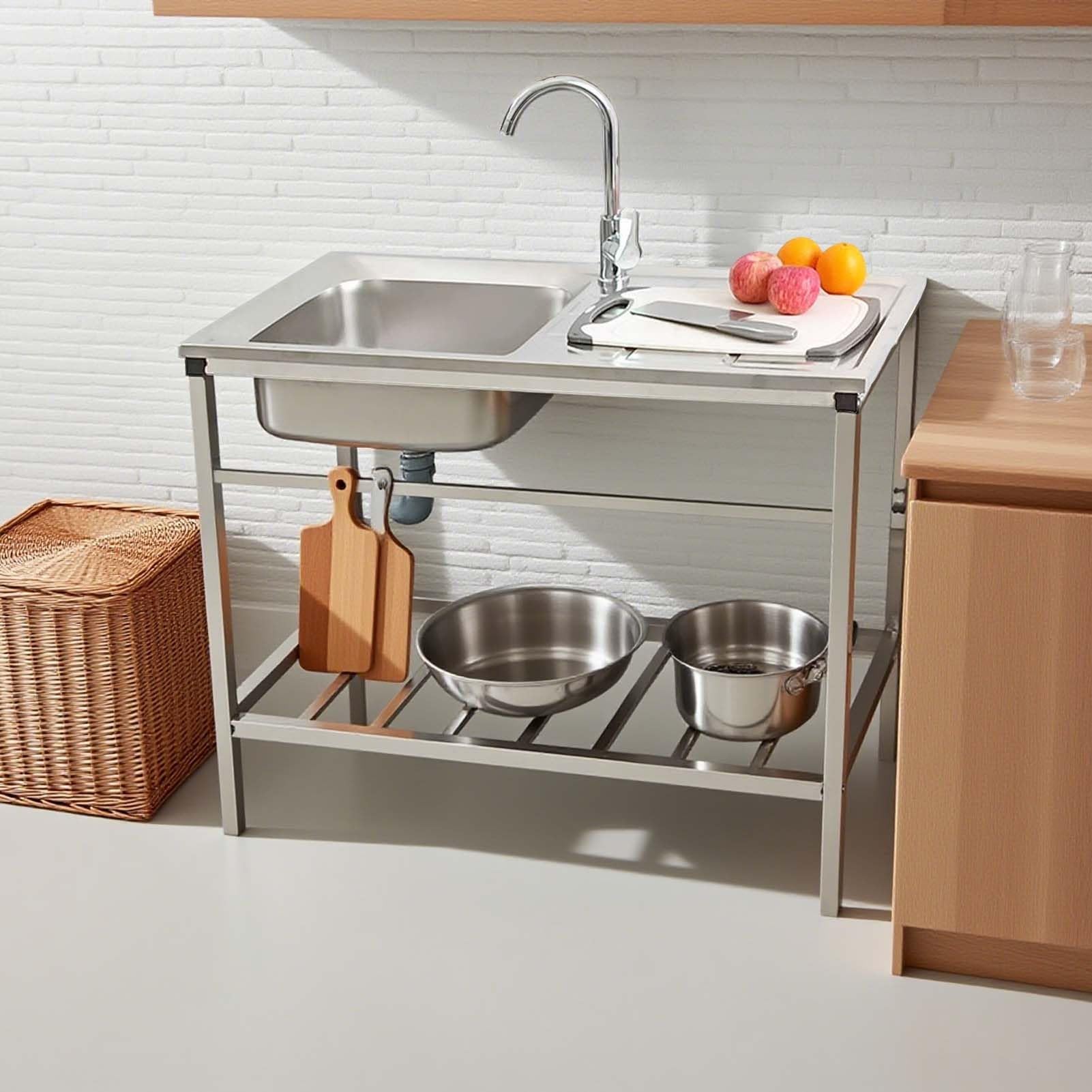 Fregadero De Cocina con Patas Exterior Jardin Mueble Fregadero De Acero Inoxidable Portatil Lavamanos Industriales con Grifo Estante Y Escurridor Pila De Lavar para Jardin Camping Garaje Comercial