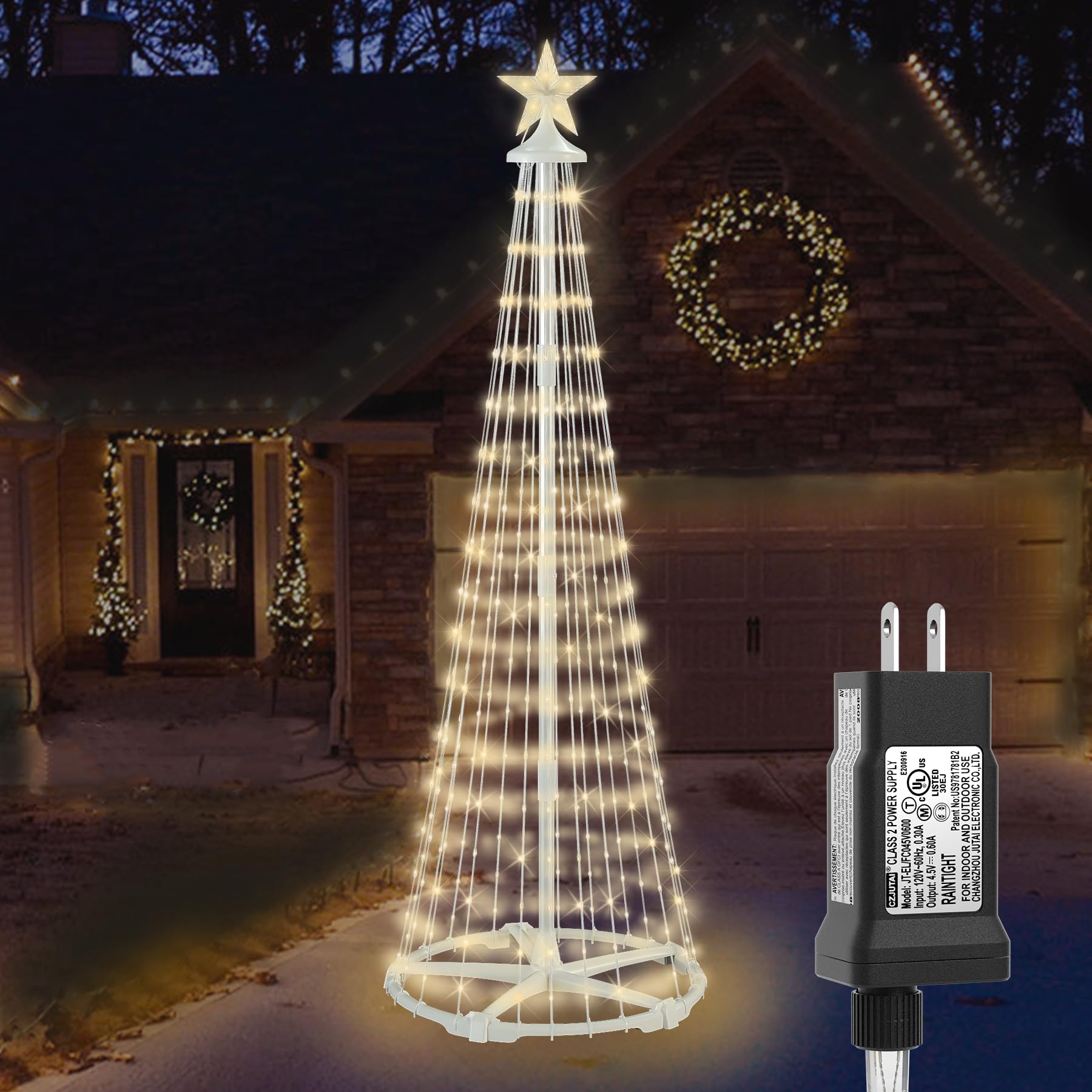 Outdoor Christmas Cone Tree with Lights, 340LED Xmas Lighting Show with Bethlehem Star Topper, 6.5Ft Christmas Decorations with 8 Lighting Modes, Indoor or Outdoor Sign