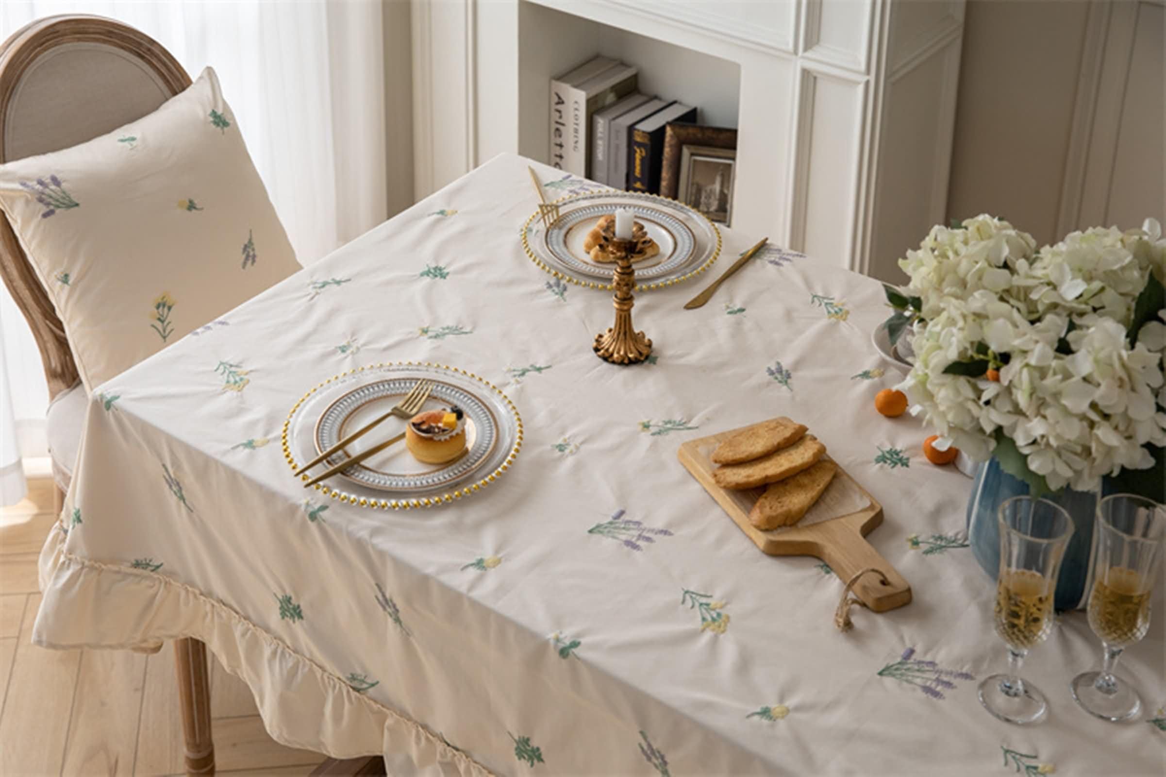 Mantel Mesa Antimanchas Rectangular 150 W x 260 L CM,Manteles Mesa Exterior Verde Patrón de Flores con Volante Algodón Manteles de Mesa