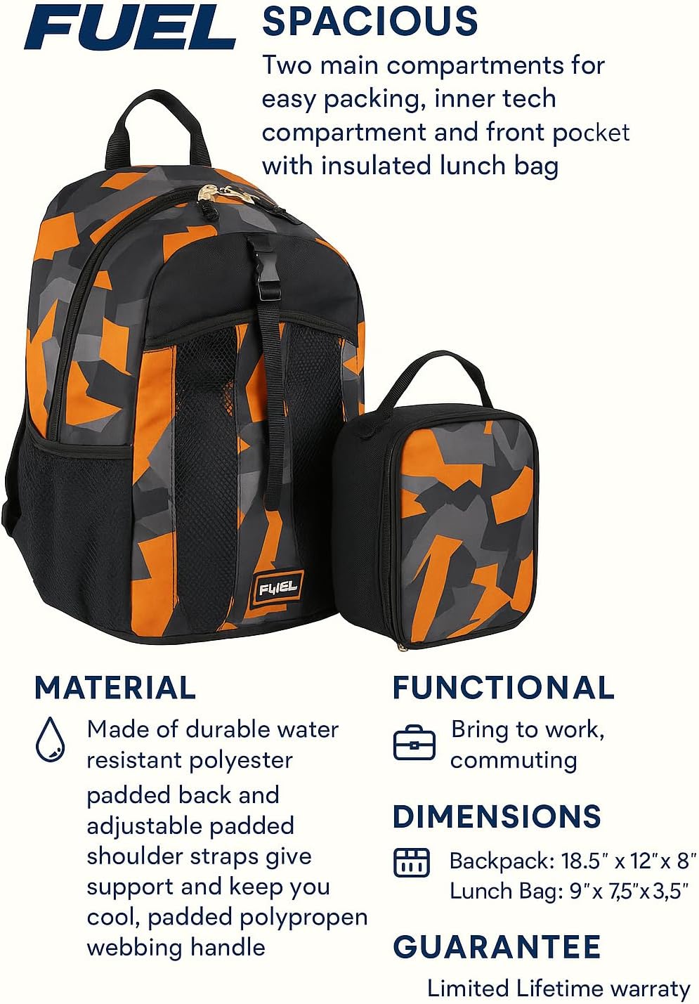 FUEL Lunch Backpack Set Water Resistant Dome Bookbag Bag Soft Reusable Insulated Cooler Lunch Box Thermal Travel Office Lunch Bag, Orange & Black