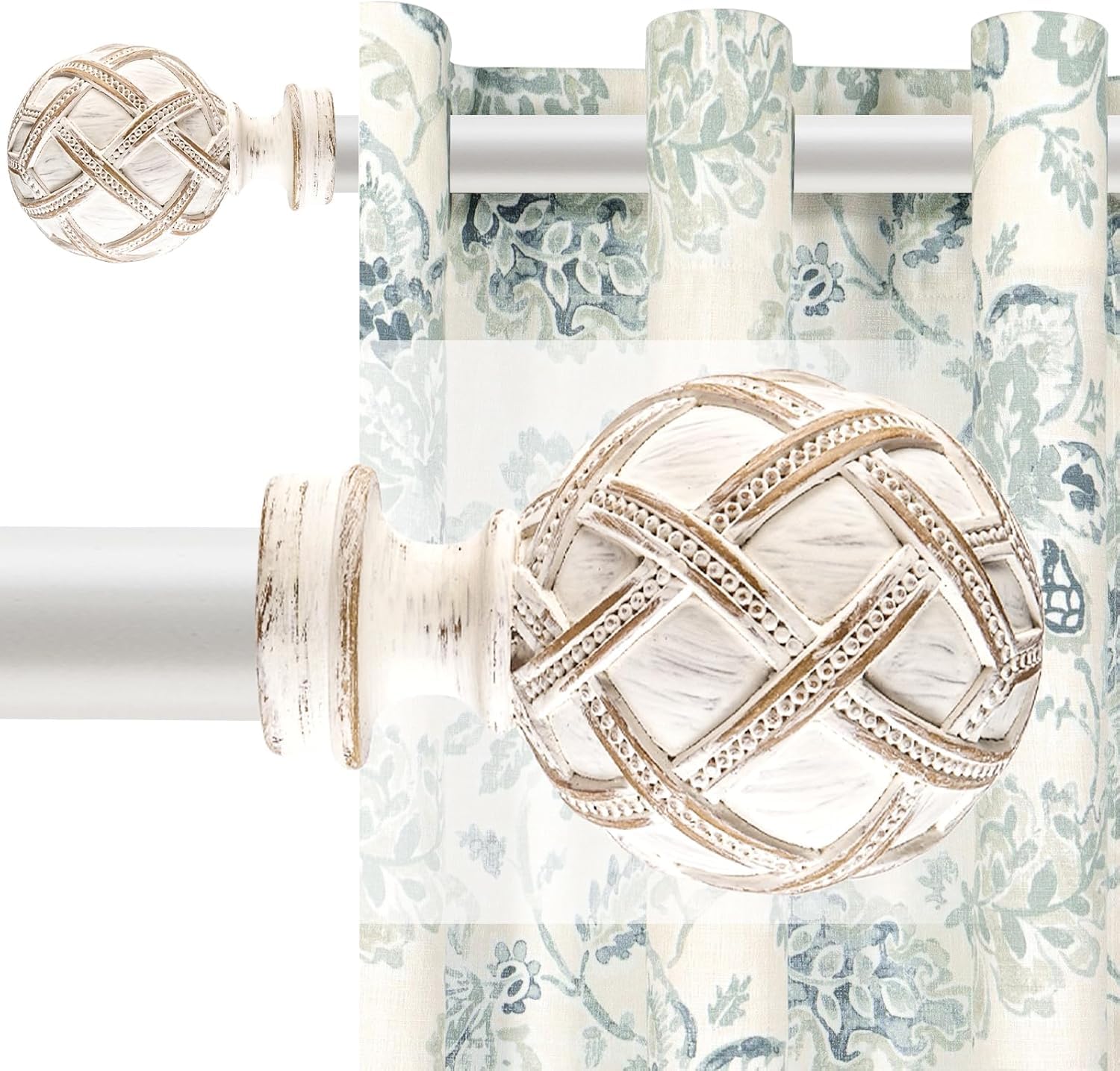 Weathered White Curtain Rod 91 to 305 cm, 25 mm Diameter Heavy-Duty Adjustable Drapery Rods with Dacorative Finials, Extendable Curtain Poles for Eyelet Curtains