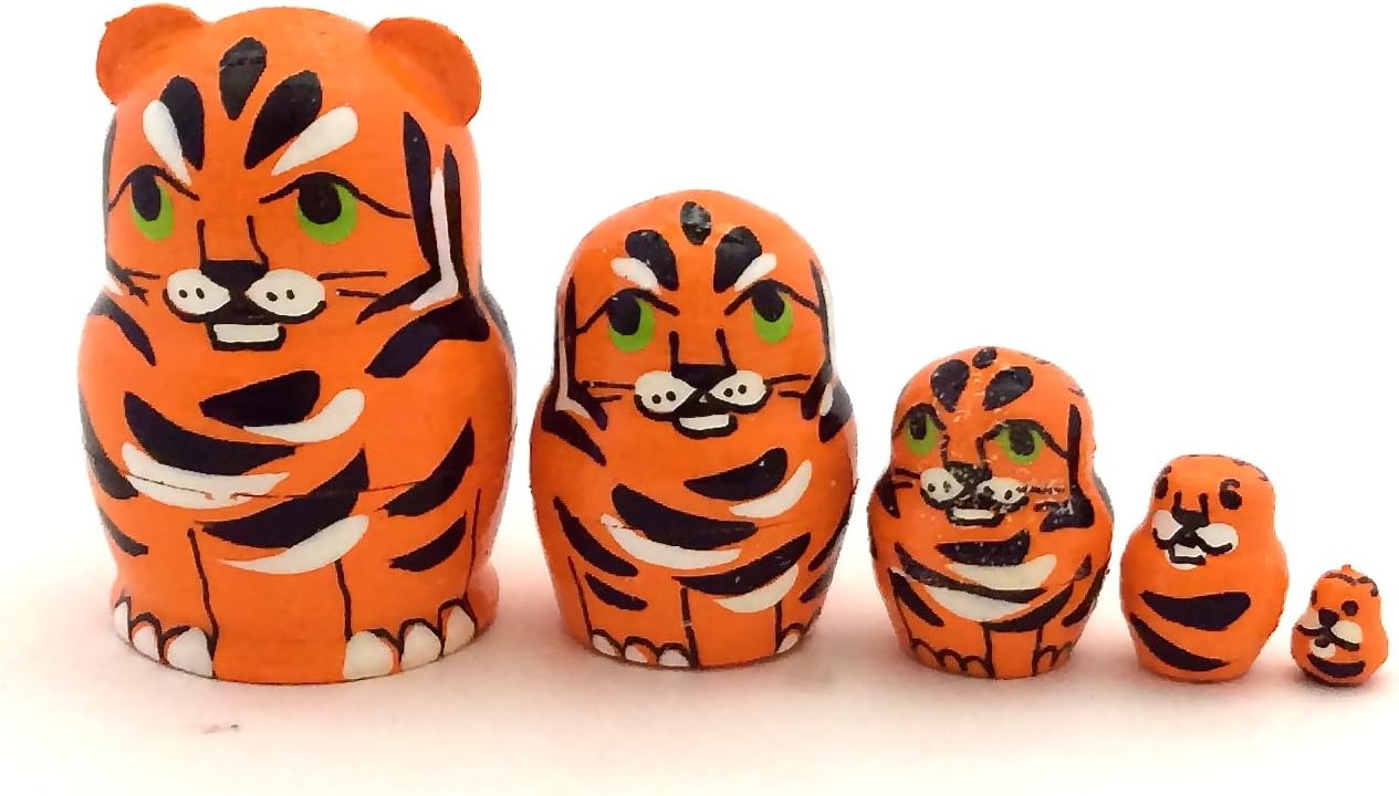 1.25" Tall Tiger MINI Nesting Dolls Russian Hand Carved Hand Painted 5 Piece Matryoshka Set