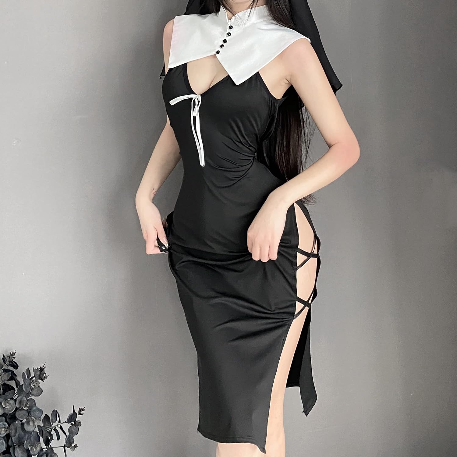 JasmyGirls Cosplay Lingerie Sexy Nun Costume Naughty Anime Devil Roleplay Maid Outfit Halloween Goth High Slit Dress Up Nightgowns