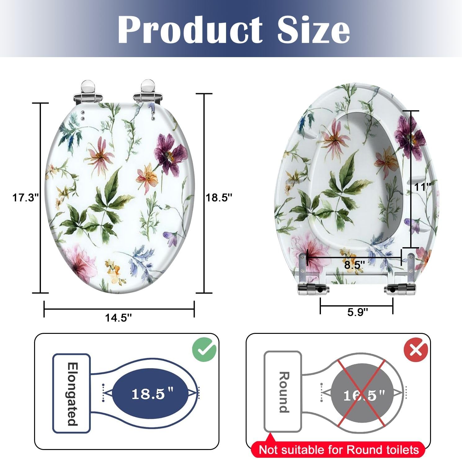Elongated Toilet Seat Watercolor leaf flowers seamless white Resin Toilet Seat Slow Quiet Close with Quick-Release Hinges Toilet Seat with Cover Easy to Clean Install