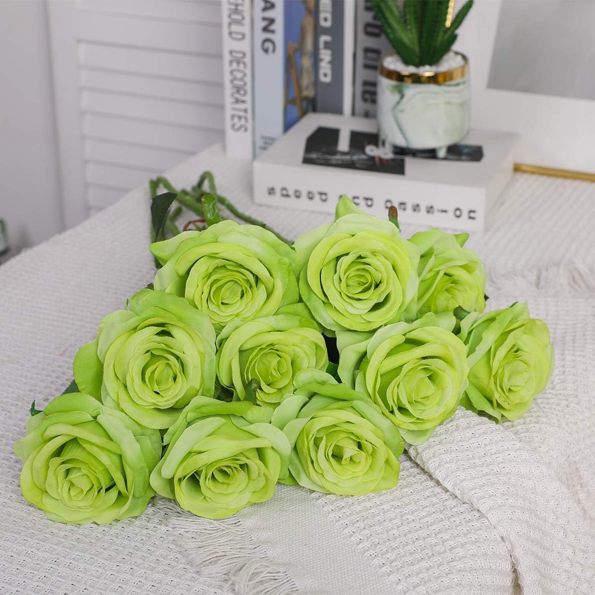 Nubry Artificial Silk Rose Flower Bouquet Lifelike Fake Rose for Wedding Home Party Decoration Event Gift 10pcs (Green) - Image 5