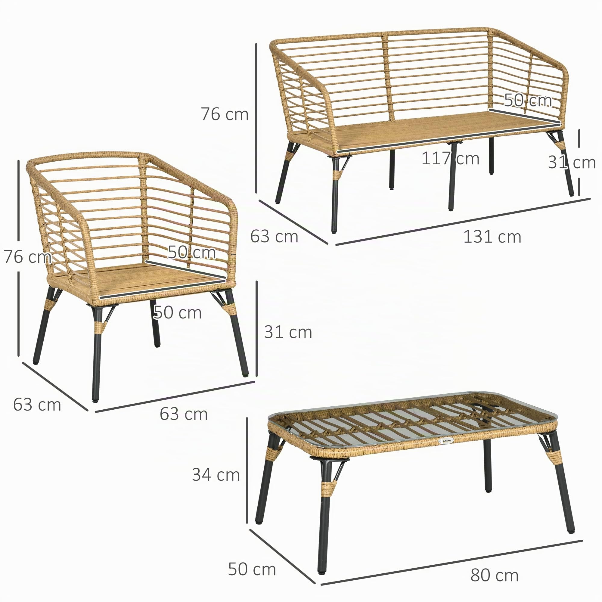 Outsunny Set Mobili da Giardino in Rattan 4 Pezzi Marrone e Grigio Scuro | Salotto da Giardino Esterno, Divanetto 2 Posti, 2 Poltrone con Cuscini, Tavolino con Piano in Vetro, Piedi Regolabili