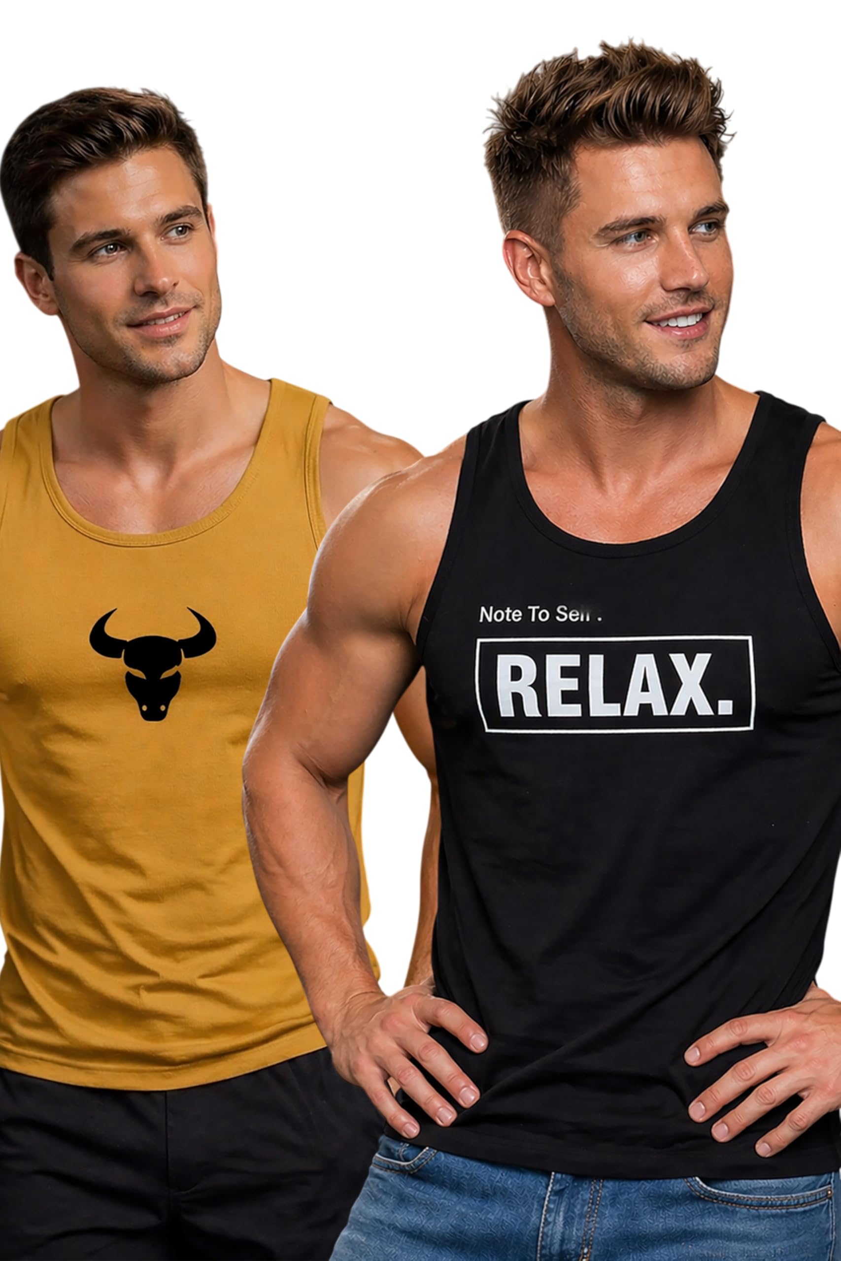 Polyester Letter Printed Vest for Men - Pack of 2 - Black & Mustard | Round Neck | Sleeveless | Regular Fit | Summer & Gym Wear Tank Top for Men-image-49