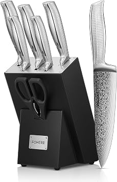 Messerblock mit Messerset FOHERE 7-teilig Selbstschärfender Messerblock Scharfes Messerset mit Holzblock Ergonomischer Rutschfester Griff aus Edelstahl Profi Küchenmesser Set Ideal als Geschenk