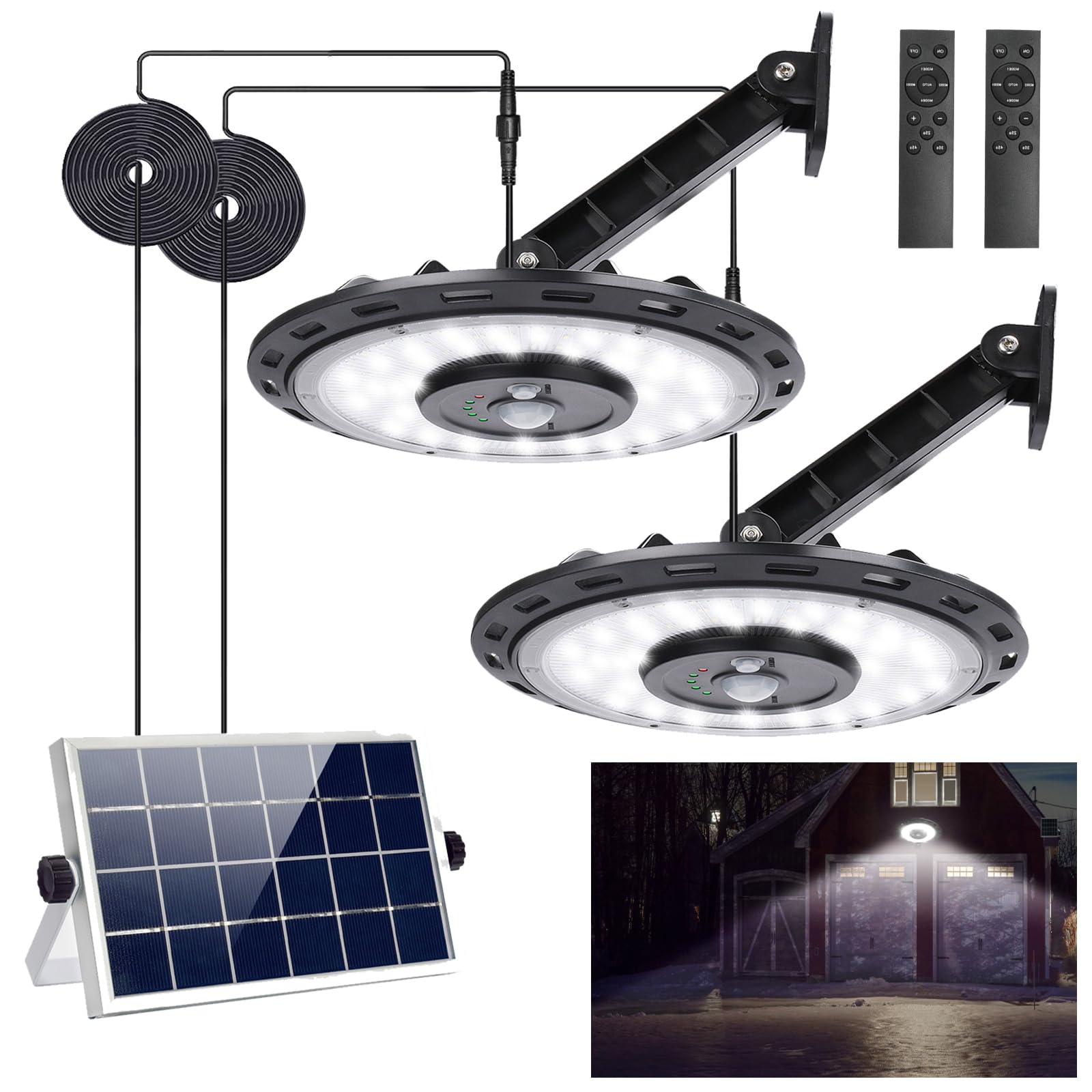 INDARUN Indoor Outdoor Solar Shed Lights, Solar Motion Lights Outdoor Waterproof, with 5 Modes & Remote Control, Up to 3000LM, Pendant Lights for Porch Gazebo, Garage, Barn Light for Chicken Coop