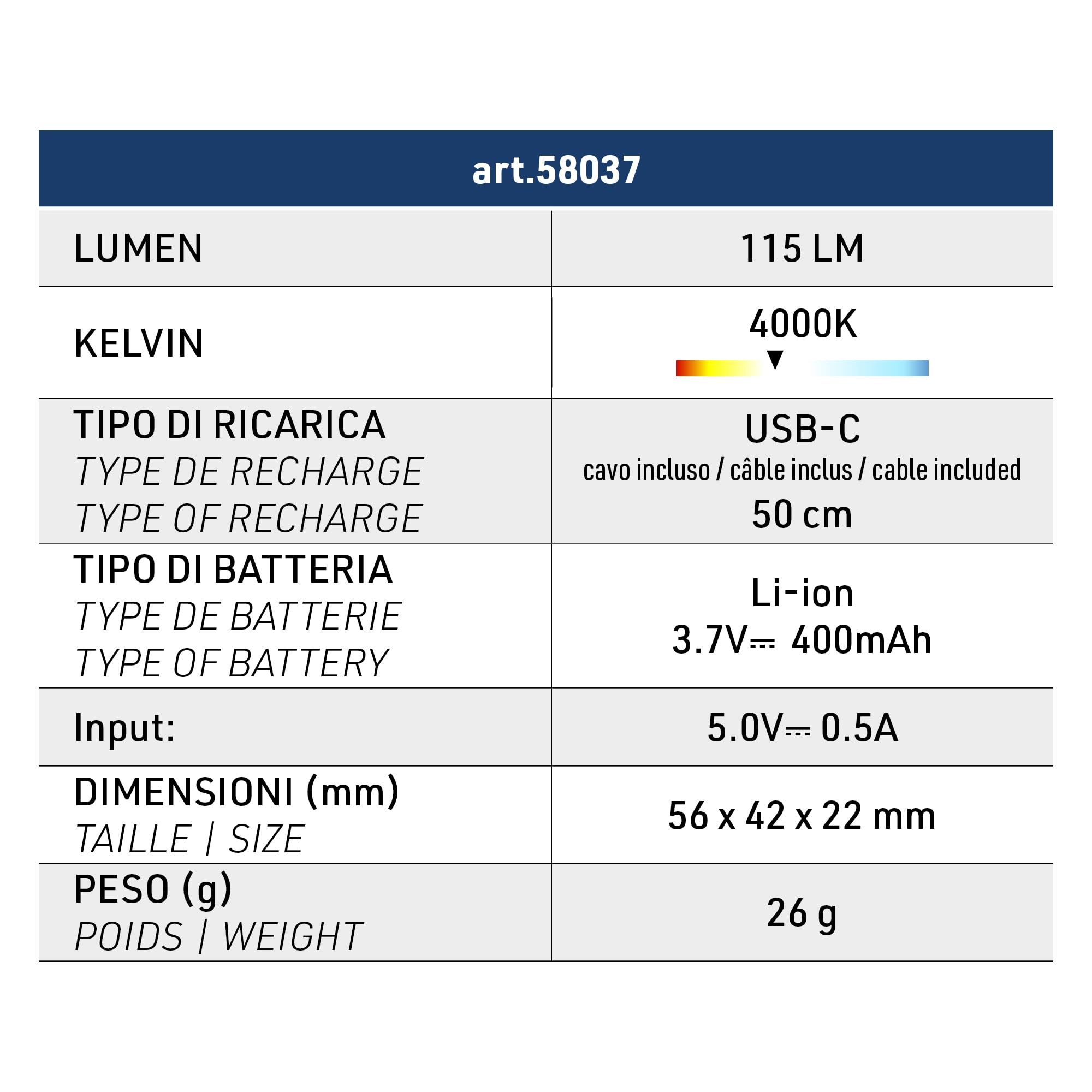 Electraline 58037 Mini Lampada frontale LED compatta 115 Lumen, tecnologia COB, Batteria 400mAh ricaricabile