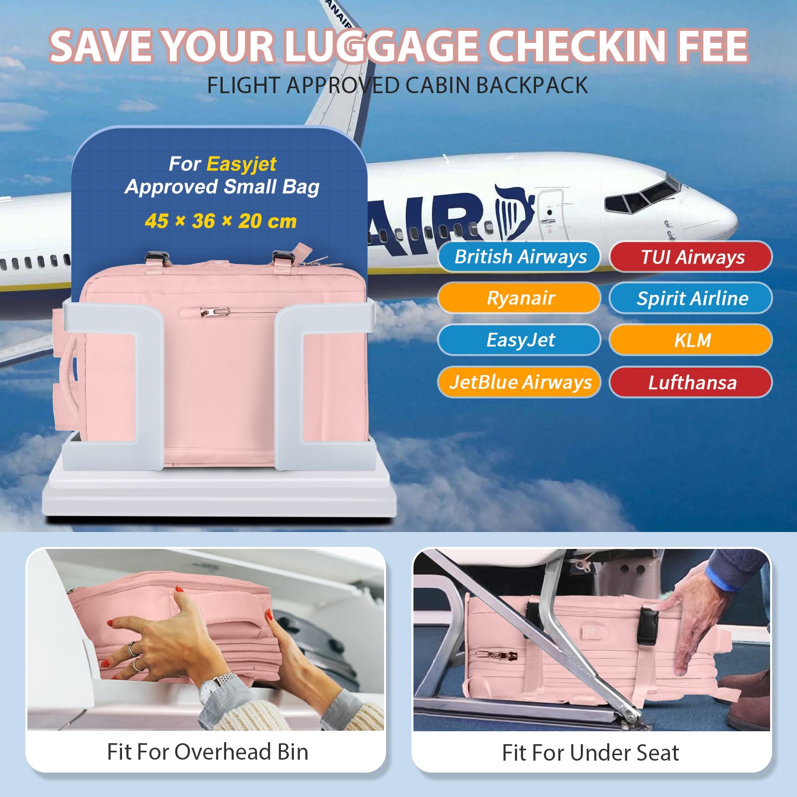 SZLX Borse da Cabina per Easyjet 45x36x20 Zaino da Viaggio aereo Bagaglio a Mano Ryanair 40x20x25 con porta USB zaino Impermeabile donna per Computer Casual Daypack