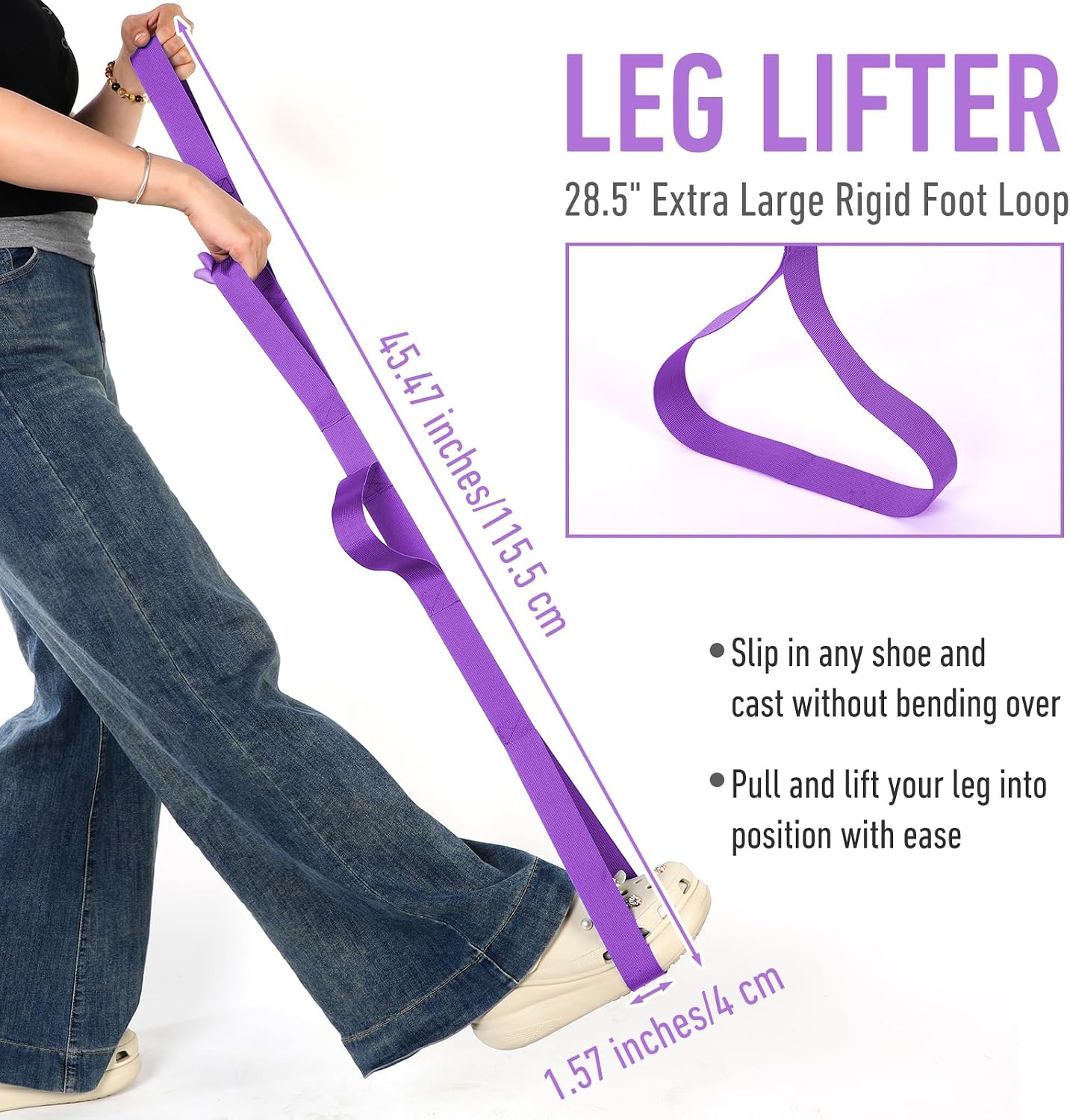 45 Inch Leg Lifter Strap with Multi Loops, Post Surgery Recovery Aid for Hip Replacement & Knee Surgery, Assist Device for Adults & Elderly to Get in and Out of Bed, Durable Adjustable(Purple)