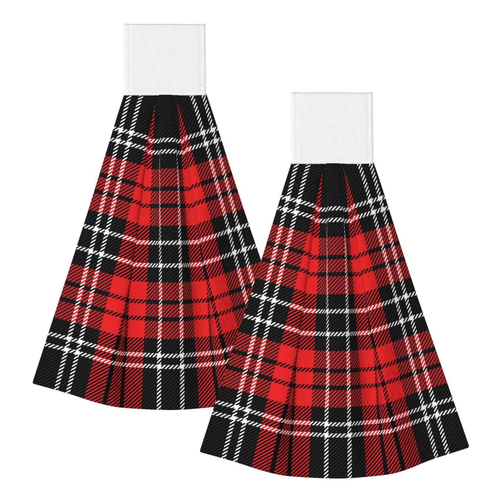 DOPKLNA Tartan Red Black, 2 Pcs Hanging Coral Fiber Hand Towels for Bathroom, Absorbent Kitchen Towels
