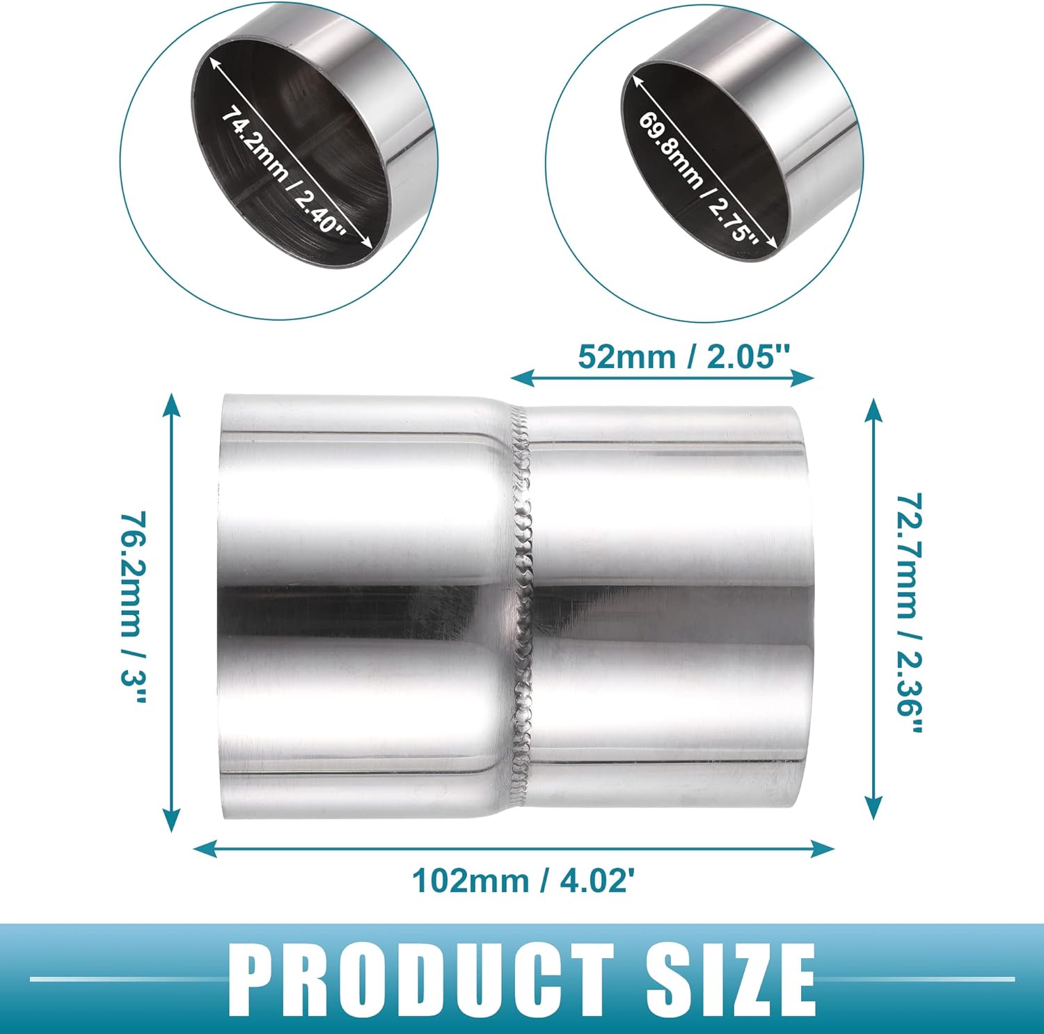 Car Exhaust Pipe Adapter Reducer Connector 2.75" ID to 3" OD Exhaust Expander Universal Stainless Steel Silver Tone (Set of 2)