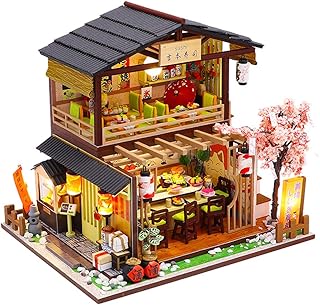 Settembre-Europe - Kit fai da te 1:24 assemblato a mano in stile giapponese per sushi shop in miniatura, in legno creativo per casa delle bambole, assemblato, regalo di compleanno con luci a LED