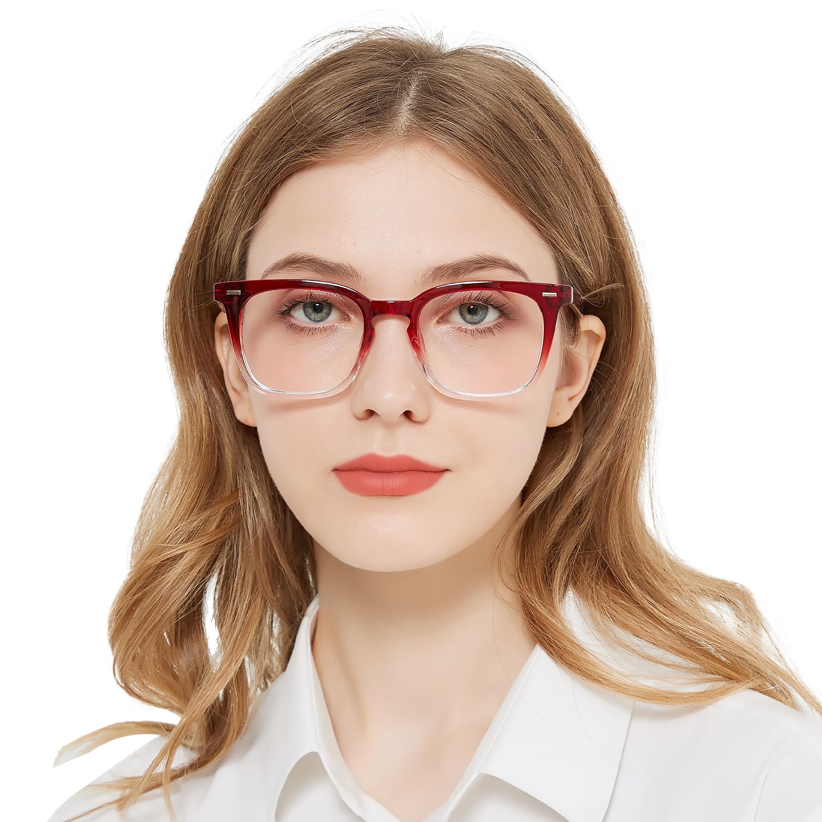 OCCI CHIARI Big Rectangle Plain Glass Spectacles for Women Fashion Blue Light Glasses Women's Rivet Decorated Glasses Spring Hinge (Red-Transparent)