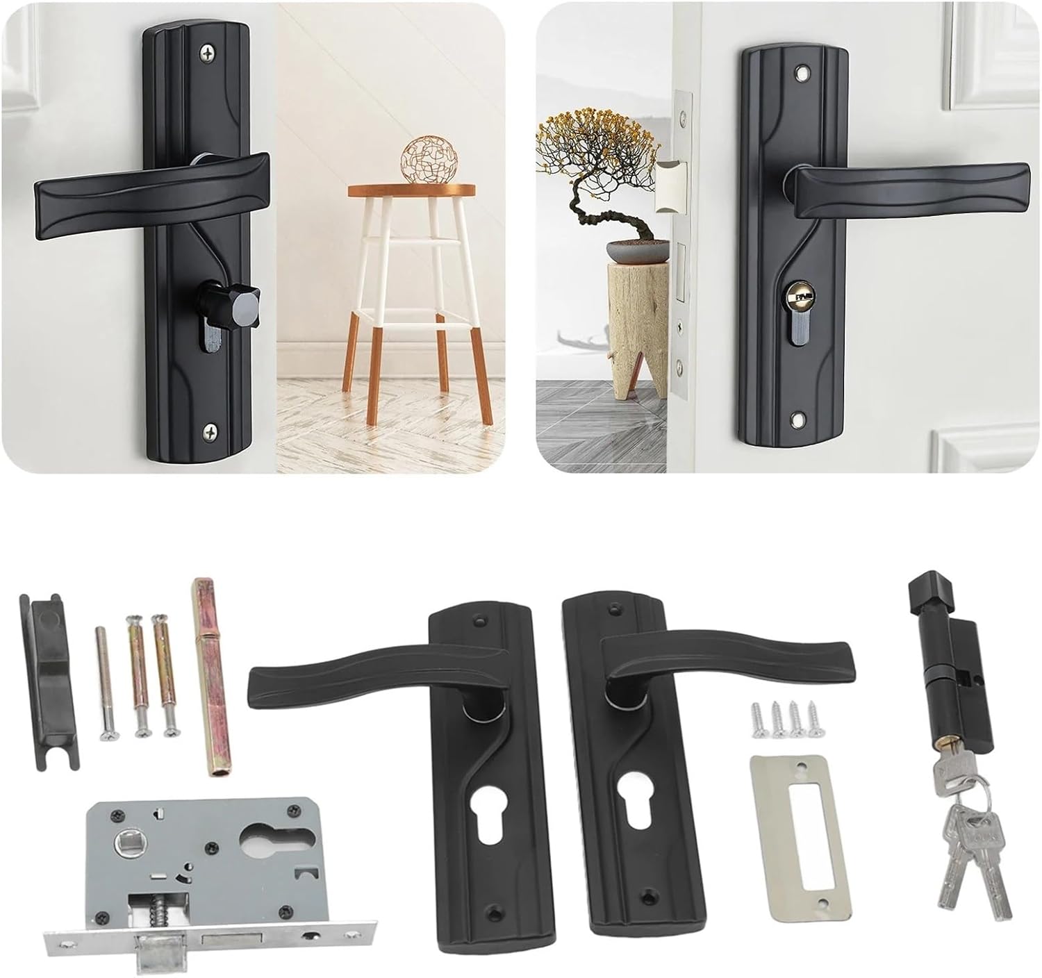 Black Door Handle Lock Set with Keys, Smooth Rotation for Bedroom and Bathroom Doors
