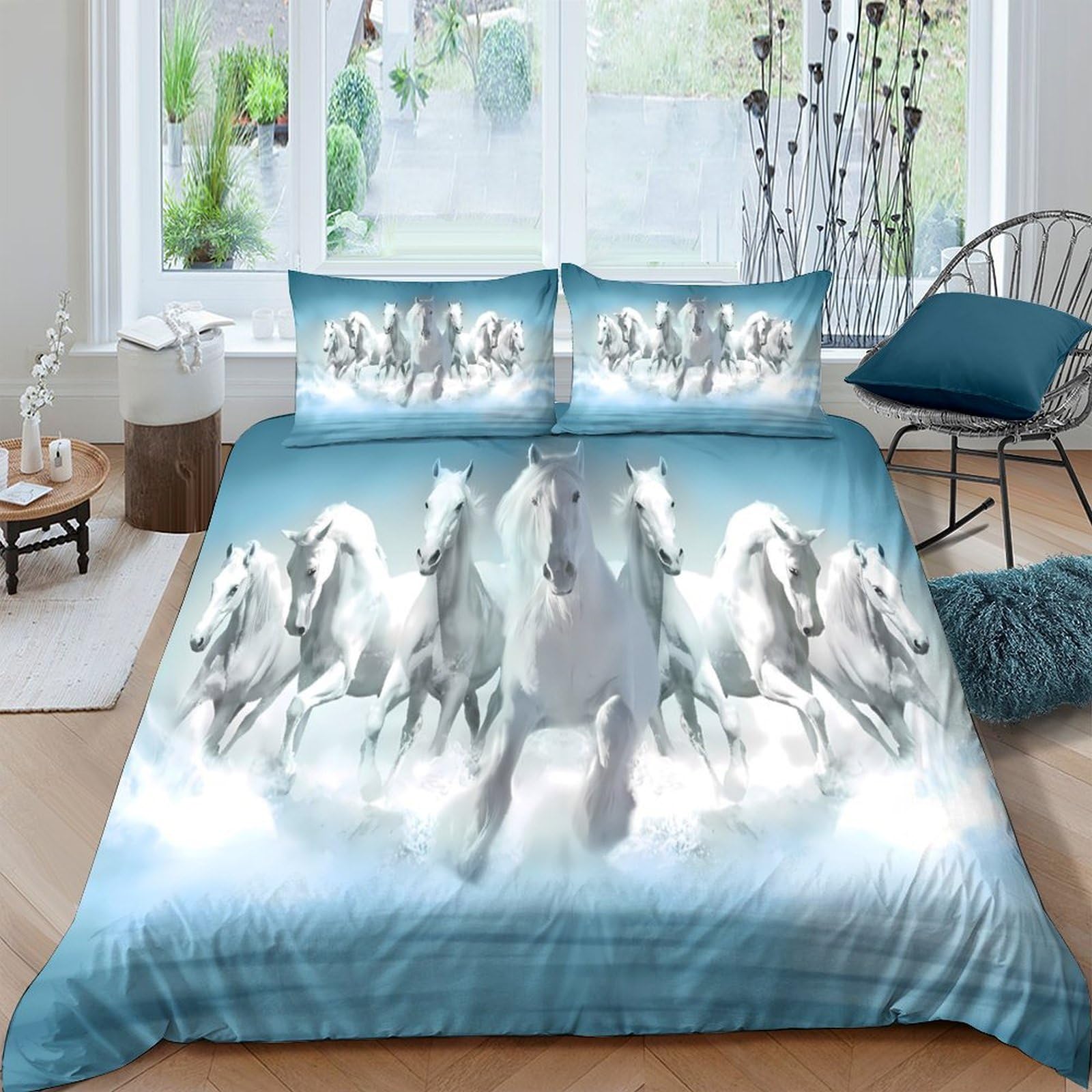 Ctjqhvkz Style-4 3D Printed White Horse Herd Fitted Sheet Microfiber Soft Anti-Slip Sky Blue Mattress Cover Bedroom Decor Single（135X200cm）