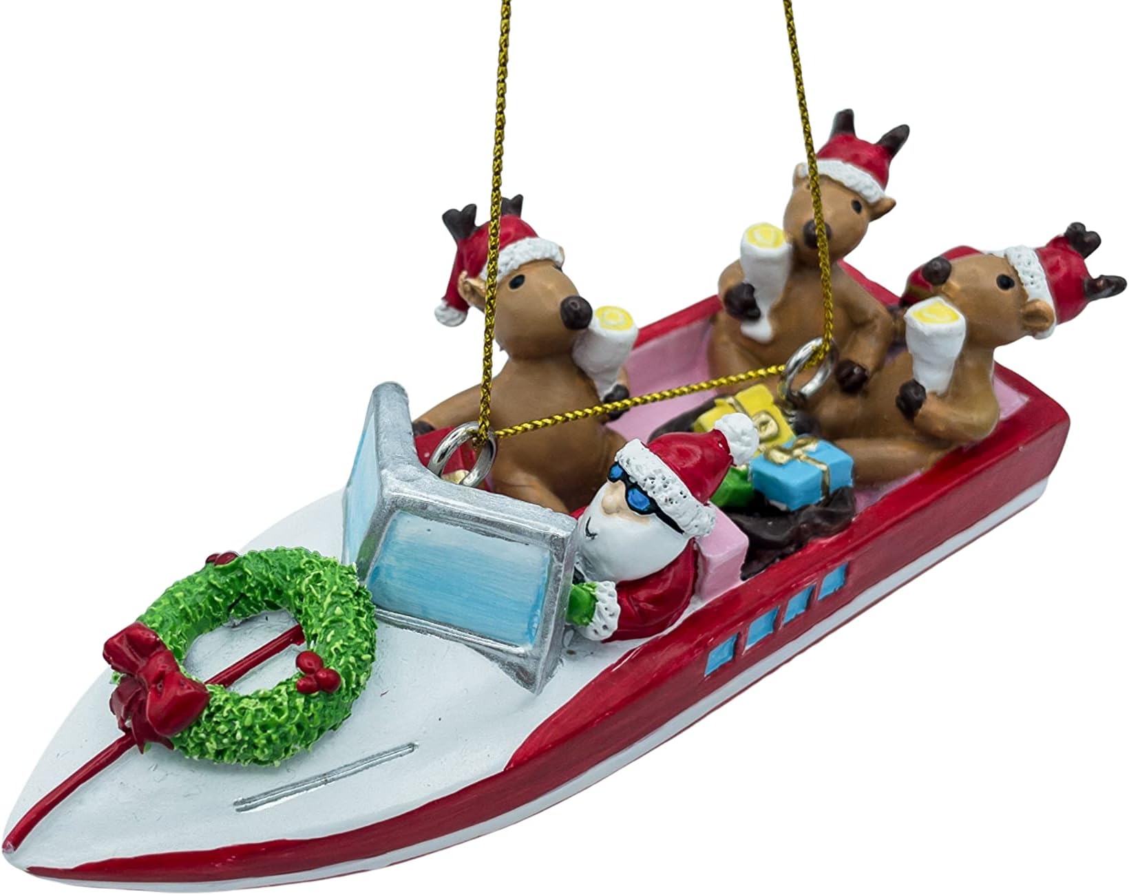 Speed Boat Santa and Reindeer Lake Party Boat Christmas Ornament