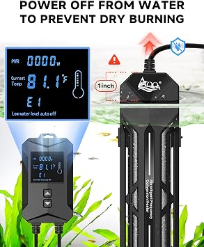 AQQA Aquarium Heater,64-95F Fast Heating Double Quartz Glass Tube Fish Tank Heater,High-definition LCD Controller Displays Real-time Power,Anti-dry and Over-temperature Protection (1400W 260-380 Gal)