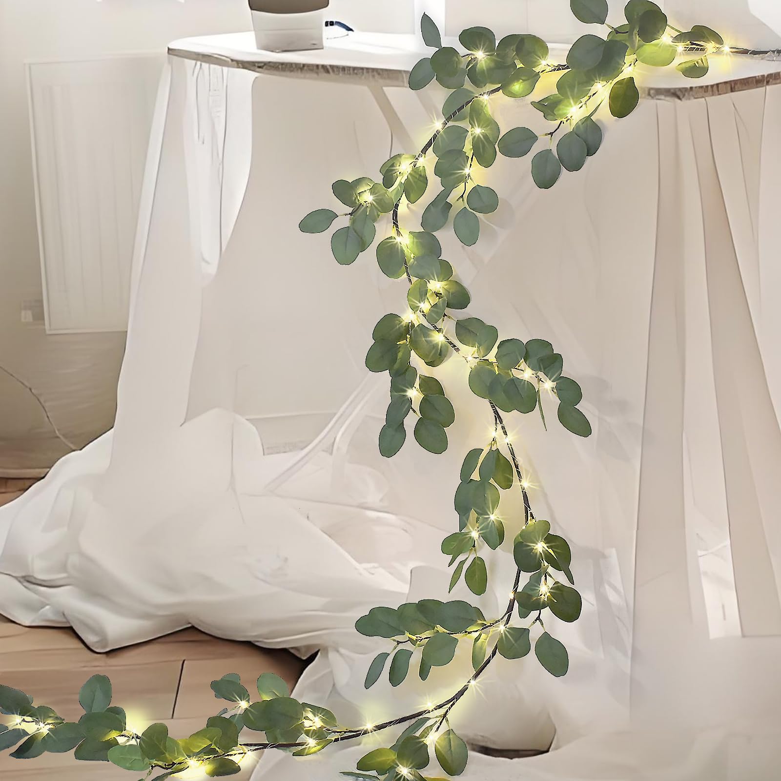 Photo 1 of 6.56FT Eucalyptus Garland with Lights 96 LEDs 8 Modes Battery Operated with Timer Faux Twig Vine Lights Spring Greenery Garlands for Mantle Fireplace Wall Table Stairs Wedding Party Bedroom Home Decor